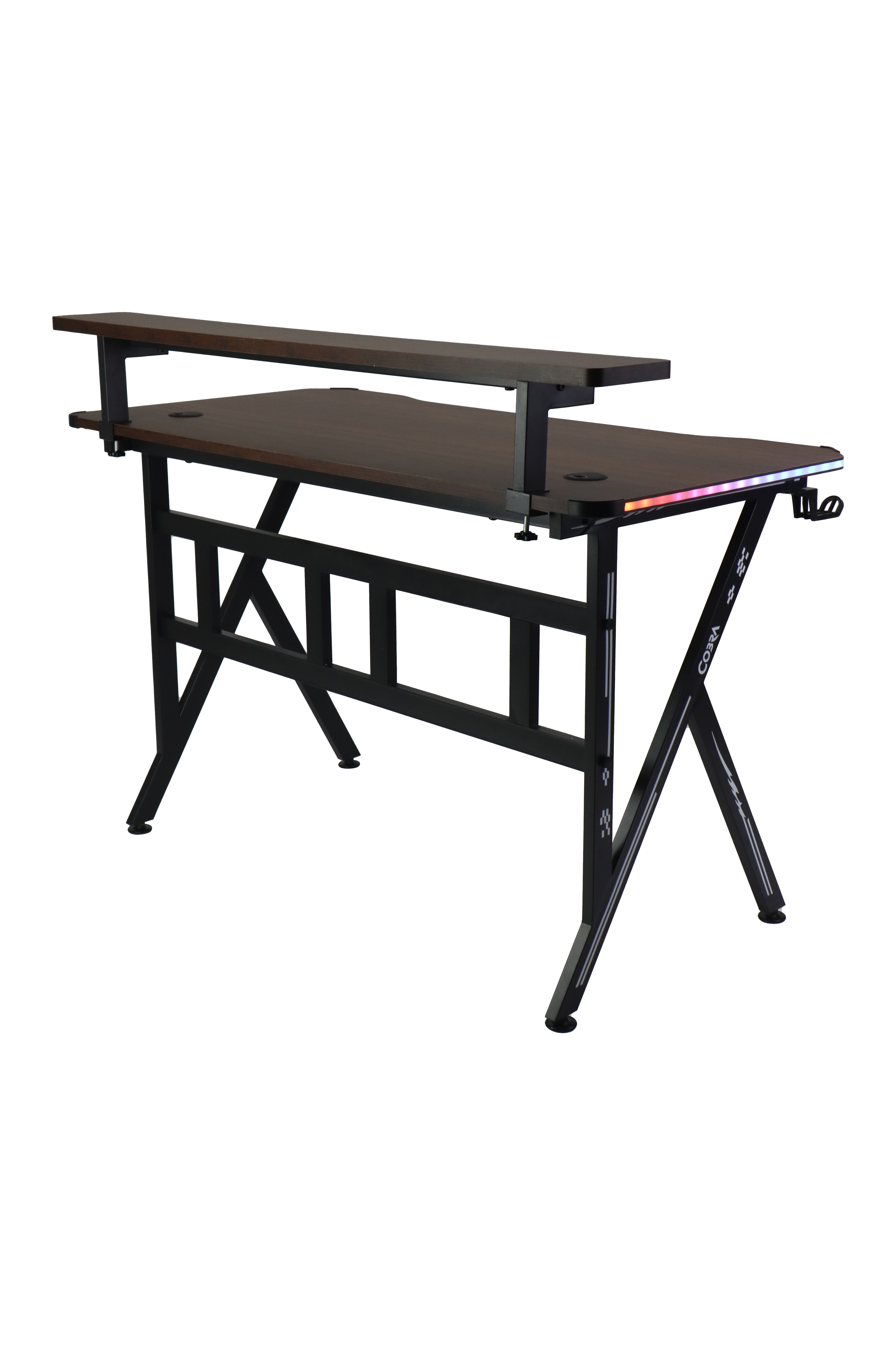 Mroczne drewniane biurko z czarną metalową ramą i dwupoziomową powierzchnią.