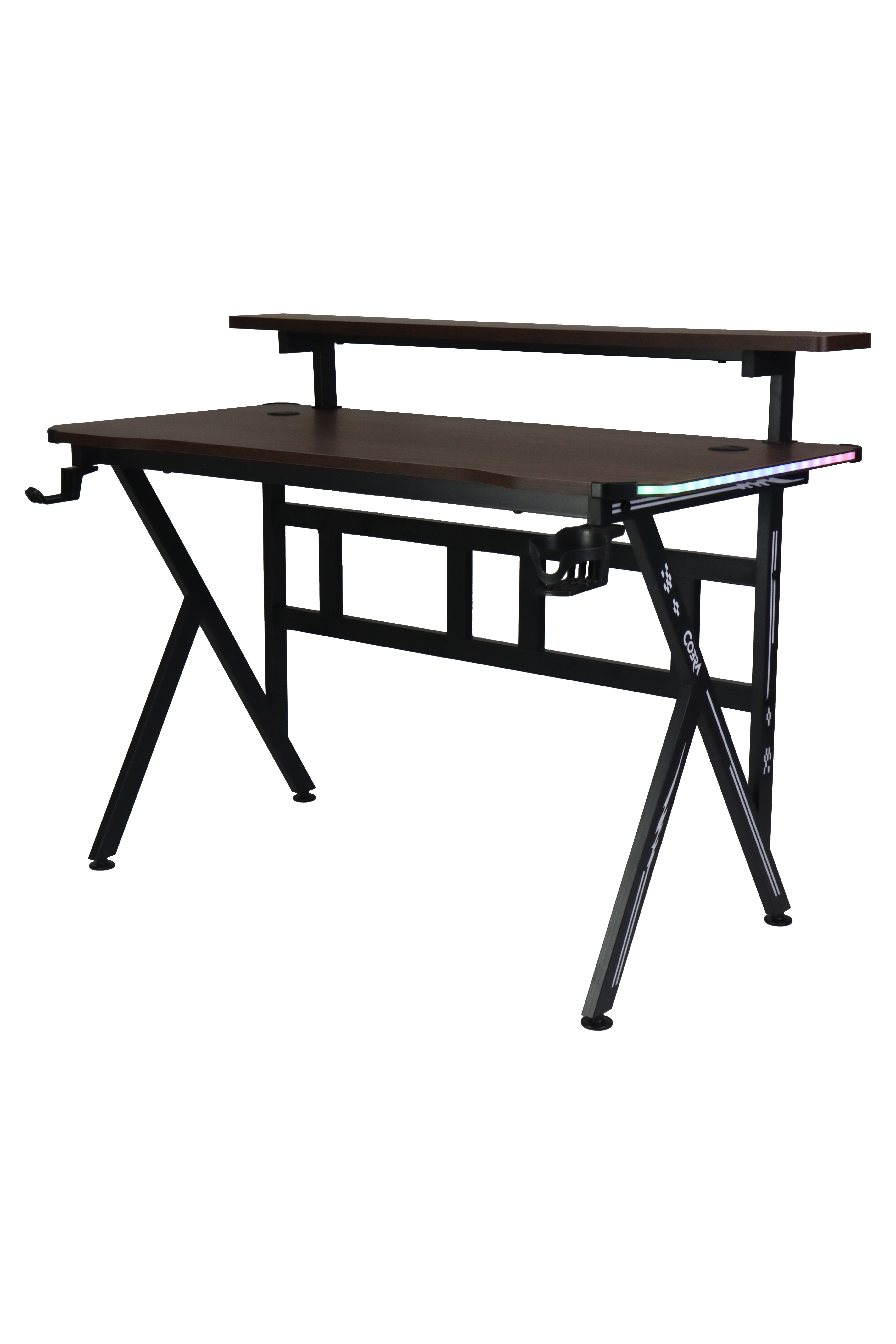 Ciemne biurko z czarną metalową ramą i oświetleniem RGB.
