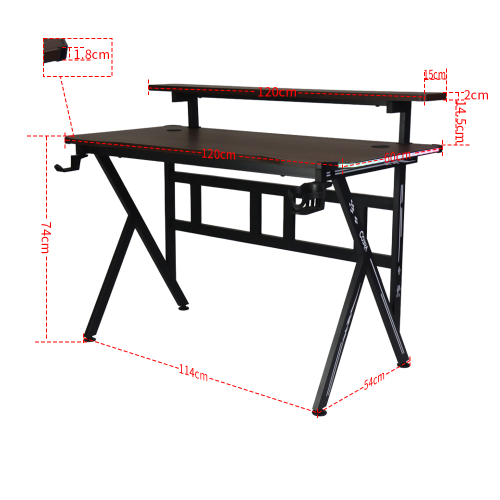 Czarny stół gamingowy z podwyższoną półką. Wymiary oznaczone.
