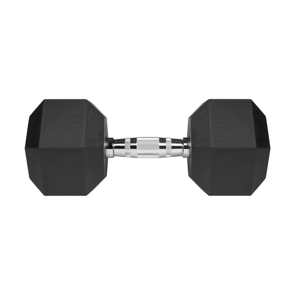 Czarna hantla z sześciokątnymi obciążnikami i chromowanym uchwytem.