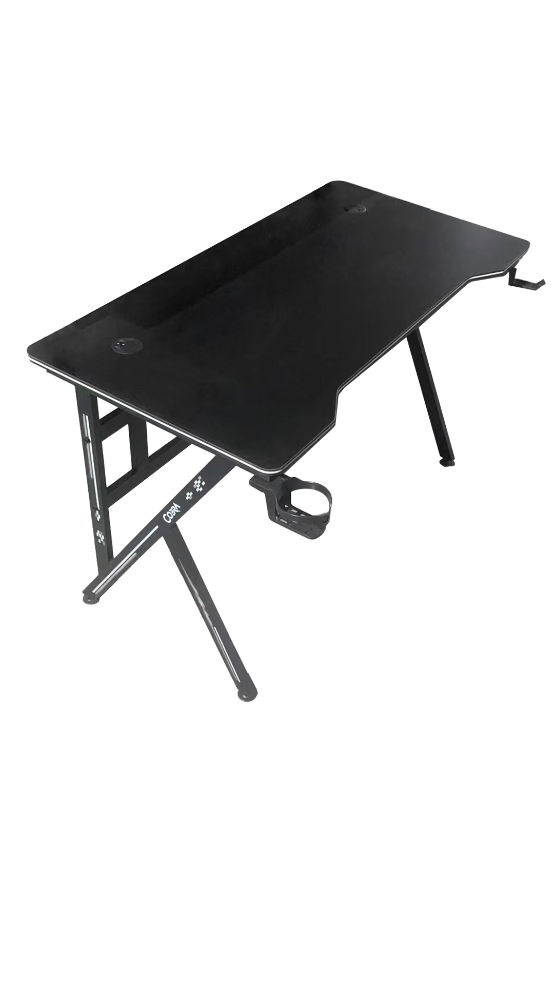 Czarny biurko z metalowymi nogami i uchwytem na kubek.