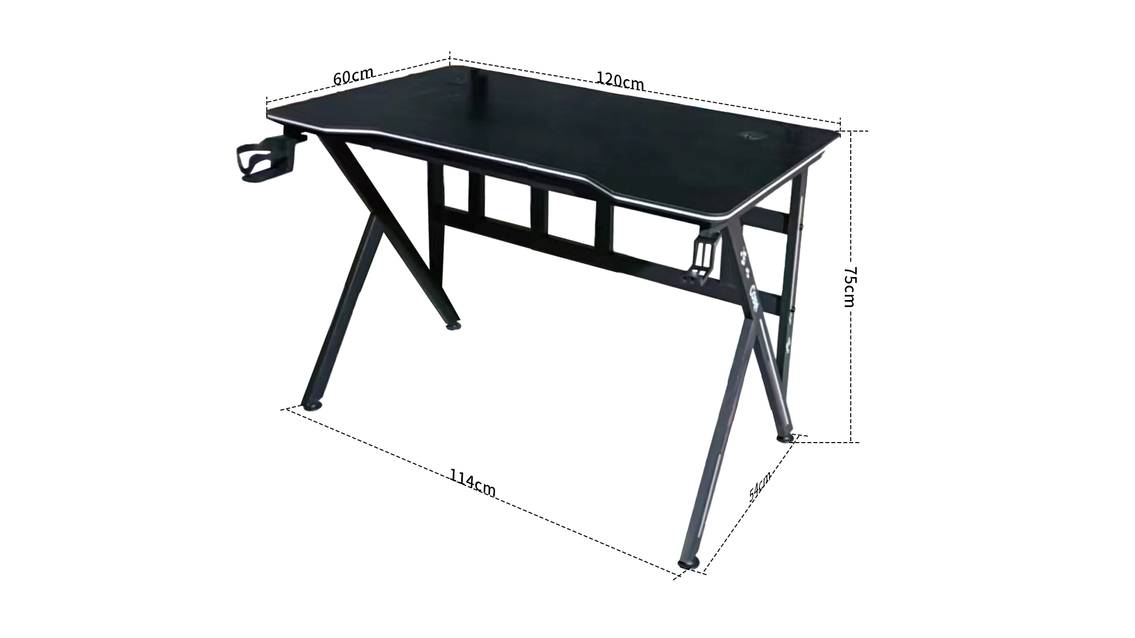 Czarny biurko gamingowe z srebrnymi akcentami, wymiary 120x60x75cm.
