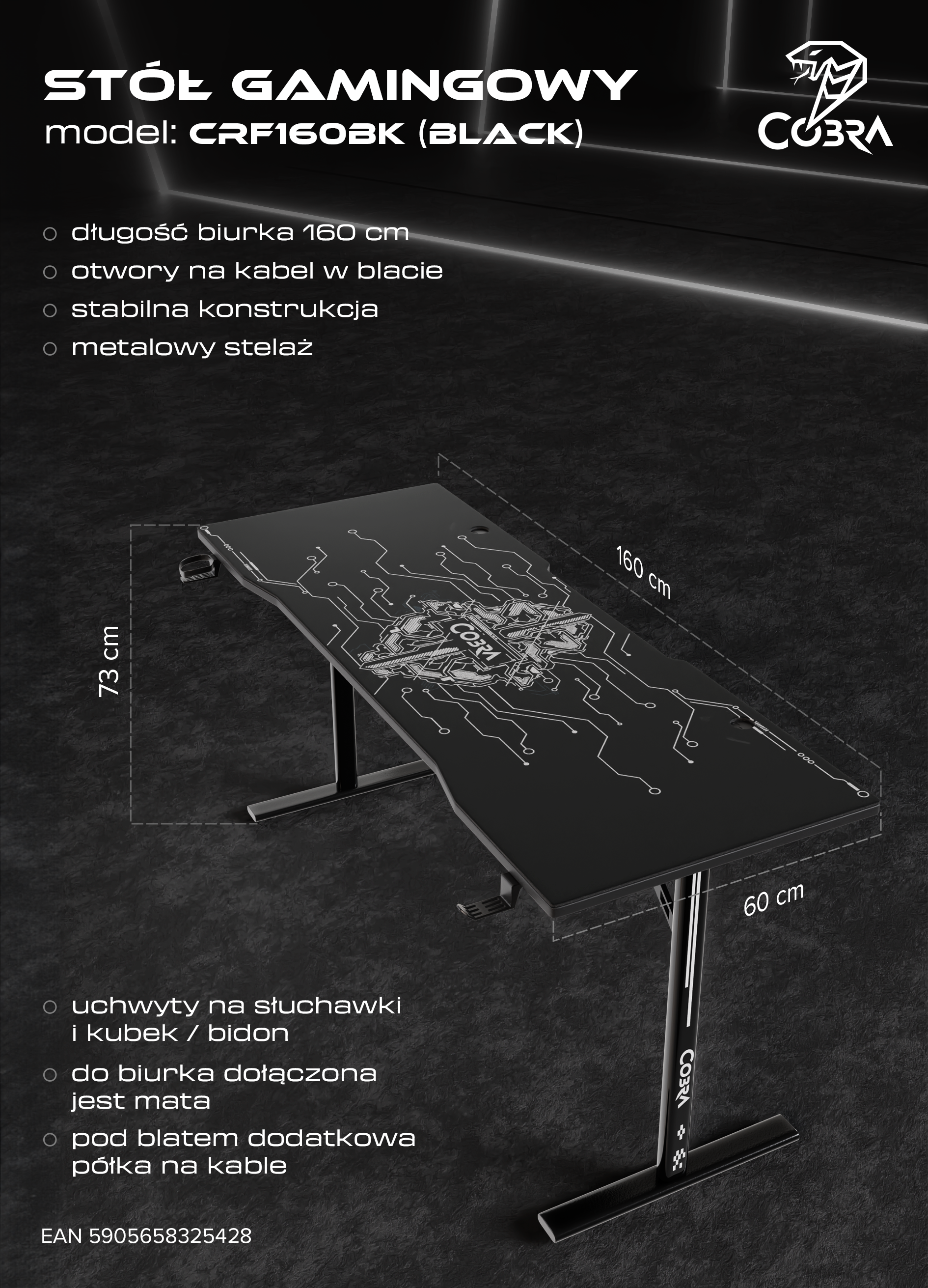 Czarny stół gamingowy, 160x60cm, z logo Cobra i wzorem płytki drukowanej.