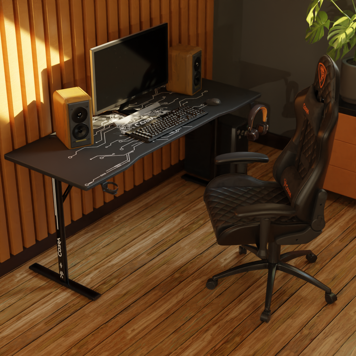 Biurko gamingowe z monitorem, klawiaturą, myszką, głośnikami i krzesłem.