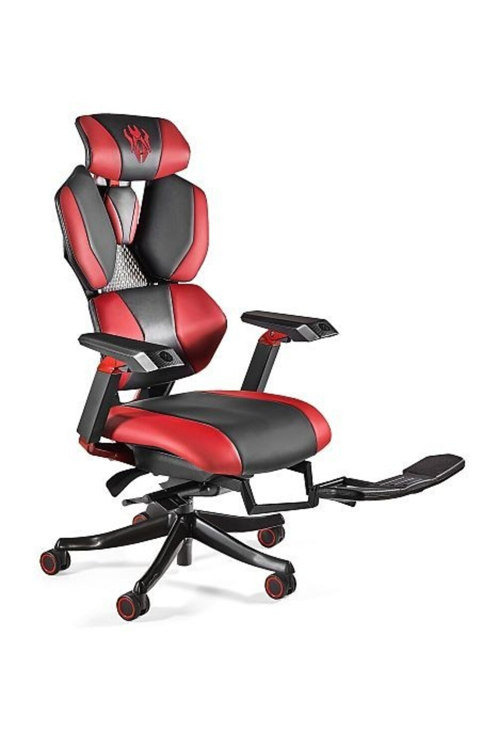 Czerwono-czarny fotel gamingowy z wysuwanym podnóżkiem i zagłówkiem.
