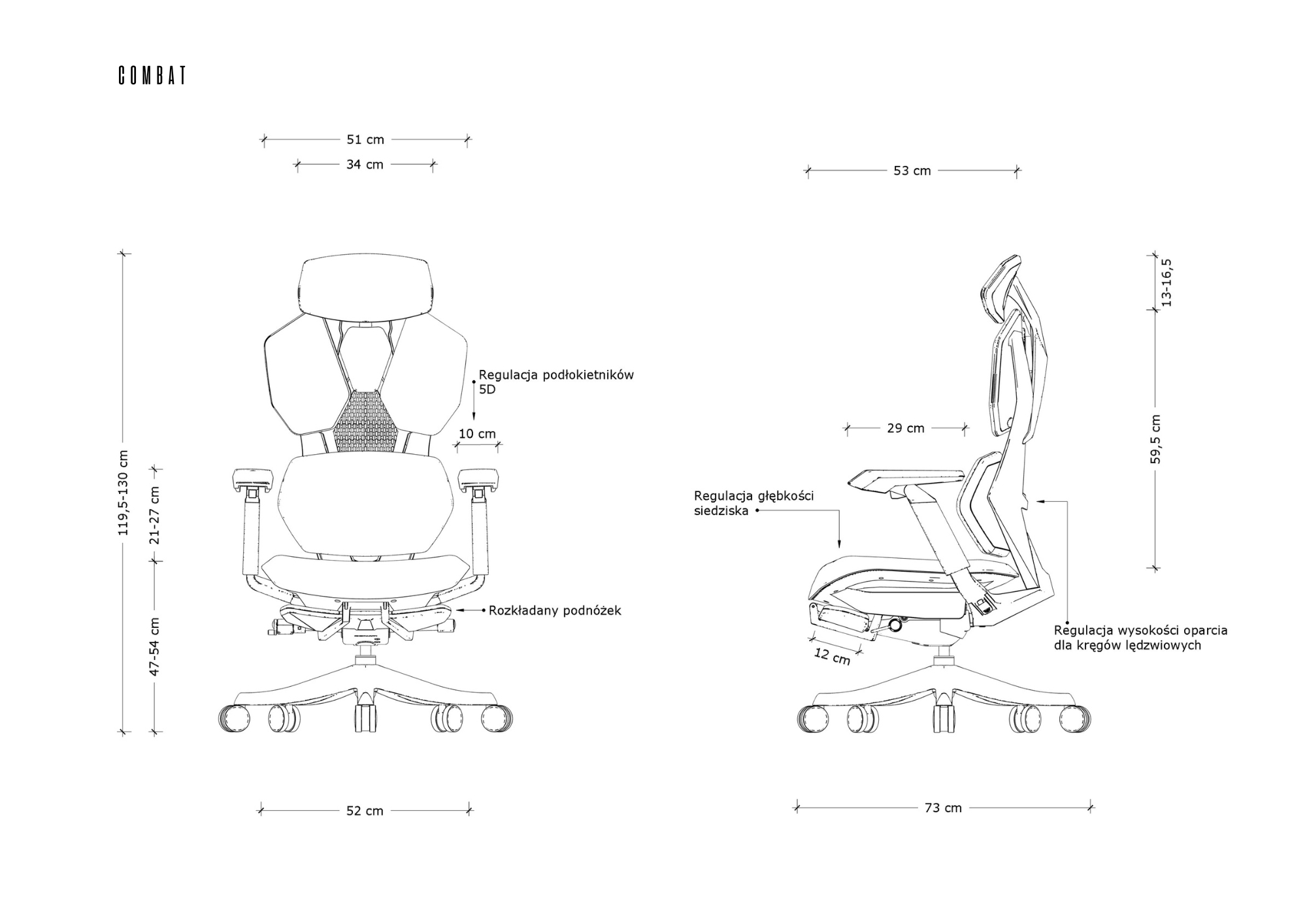 Rysunek techniczny fotela gamingowego z wymiarami i opcjami regulacji.