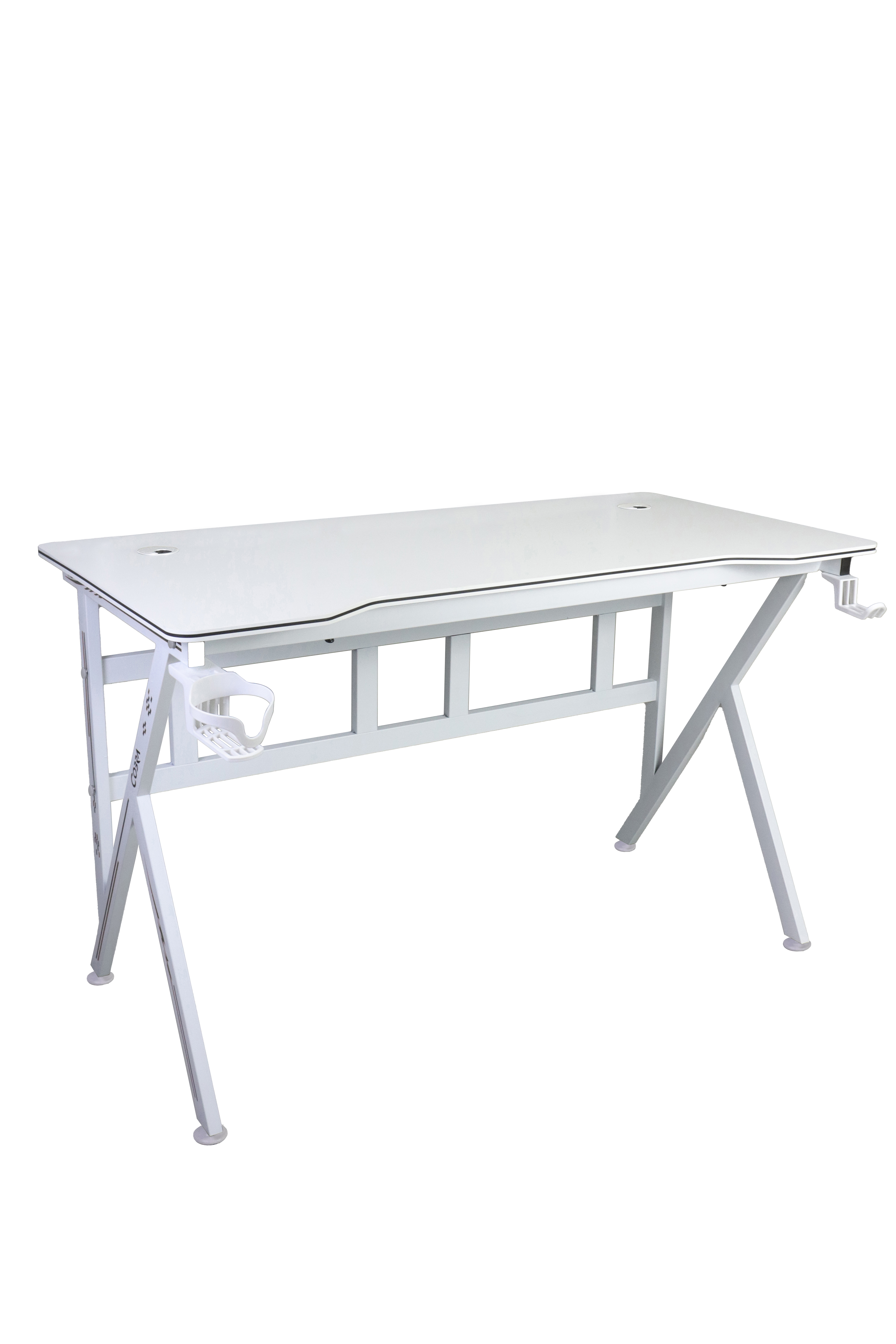 Białe biurko z metalową ramą, uchwytem na kubek i hakiem na słuchawki.