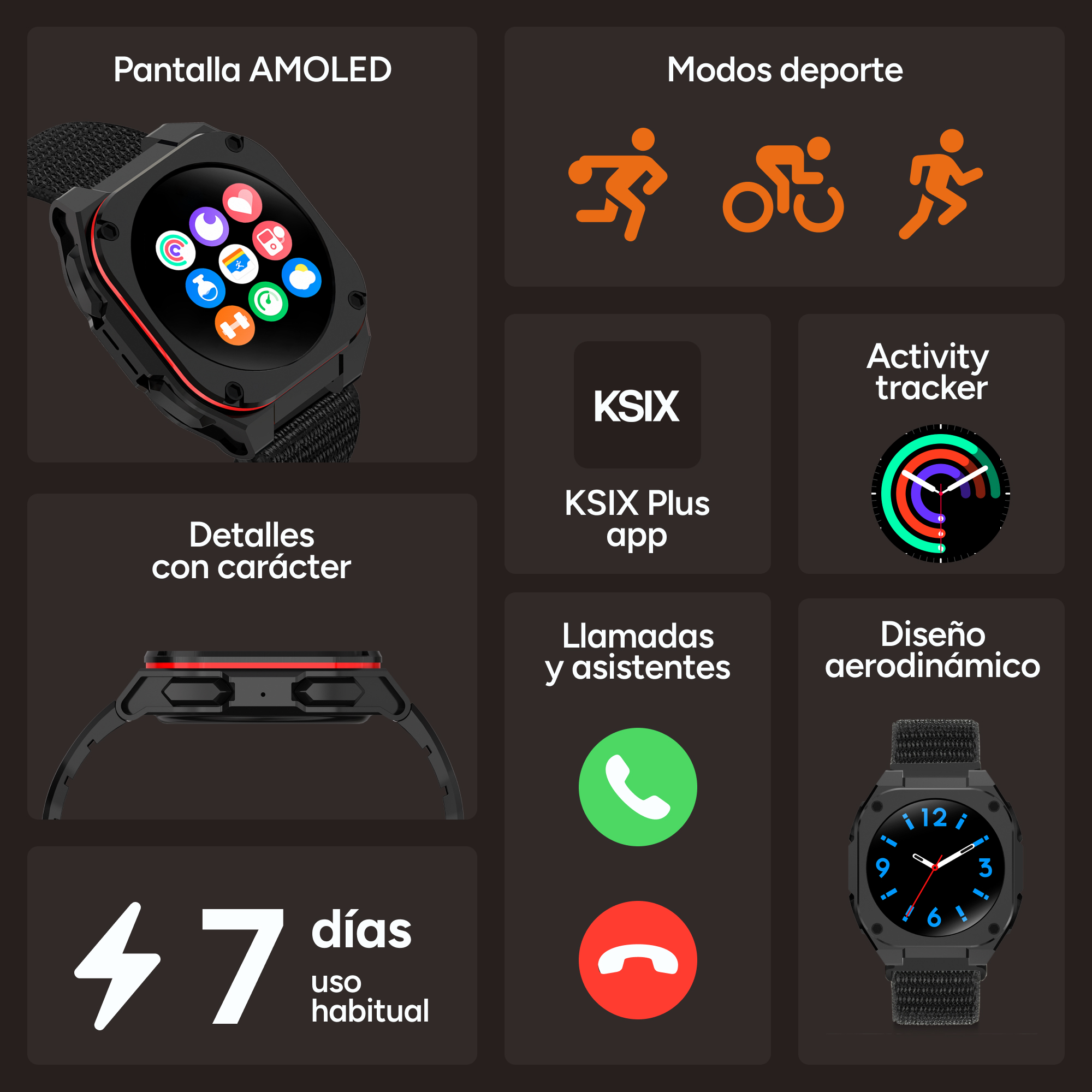 Pantalla AMOLED, modos deporte, app KSIX Plus, monitor actividad, llamadas.