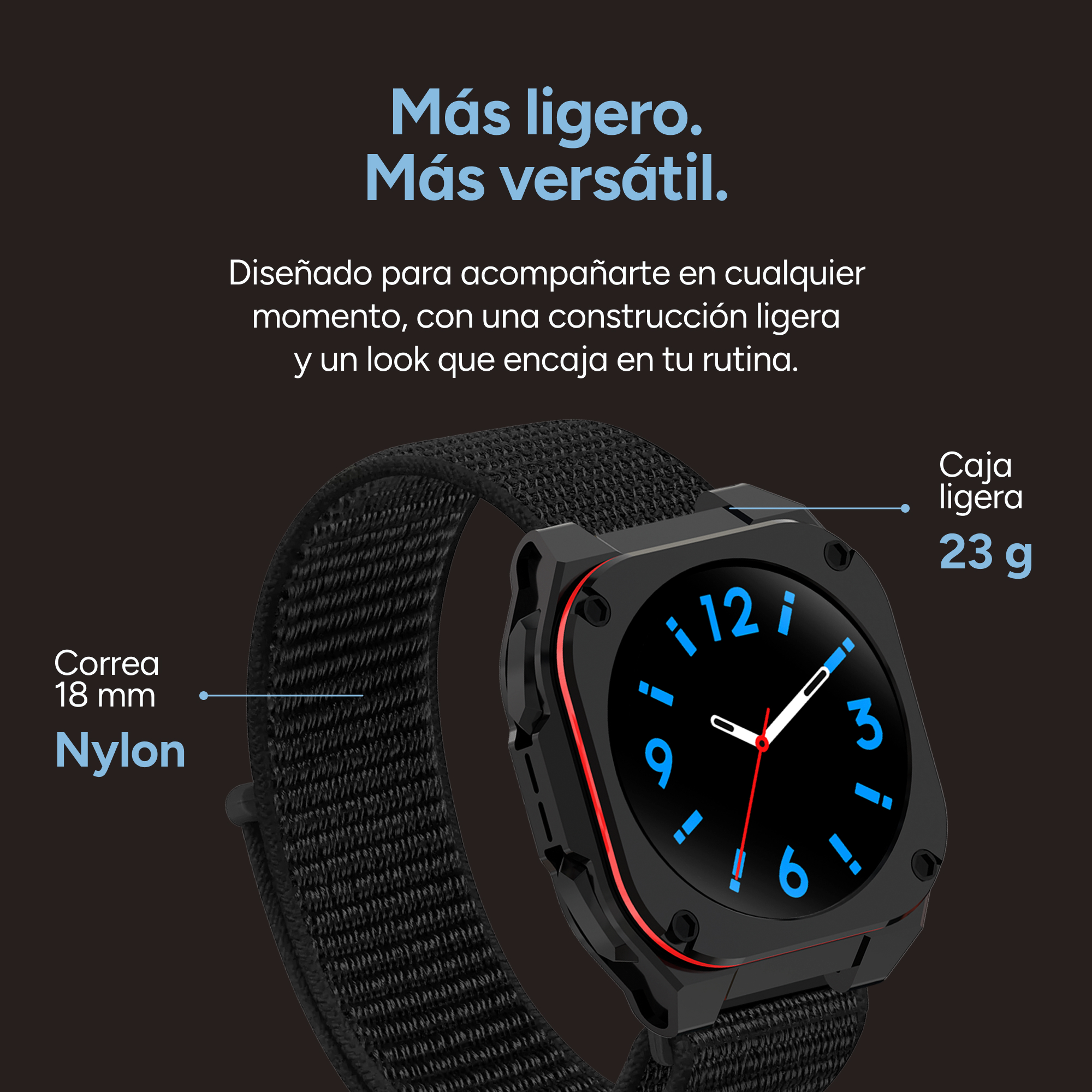 Un reloj inteligente negro con esfera azul y correa de nailon.