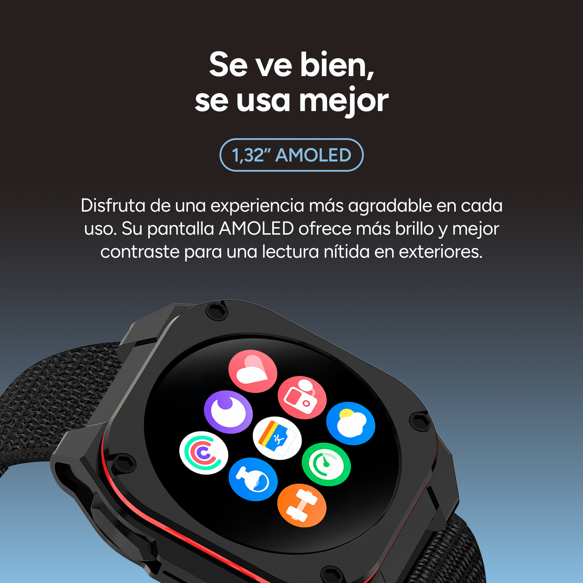 Un reloj inteligente negro con pantalla de apps colorida y anuncio.