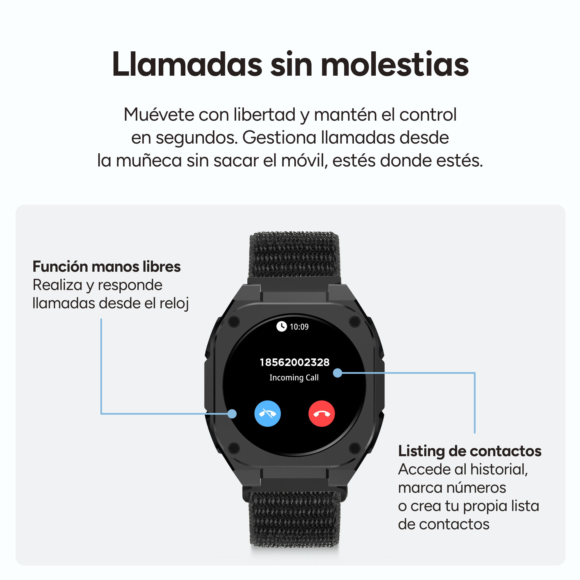 Un smartwatch negro muestra una llamada entrante. Texto en español.