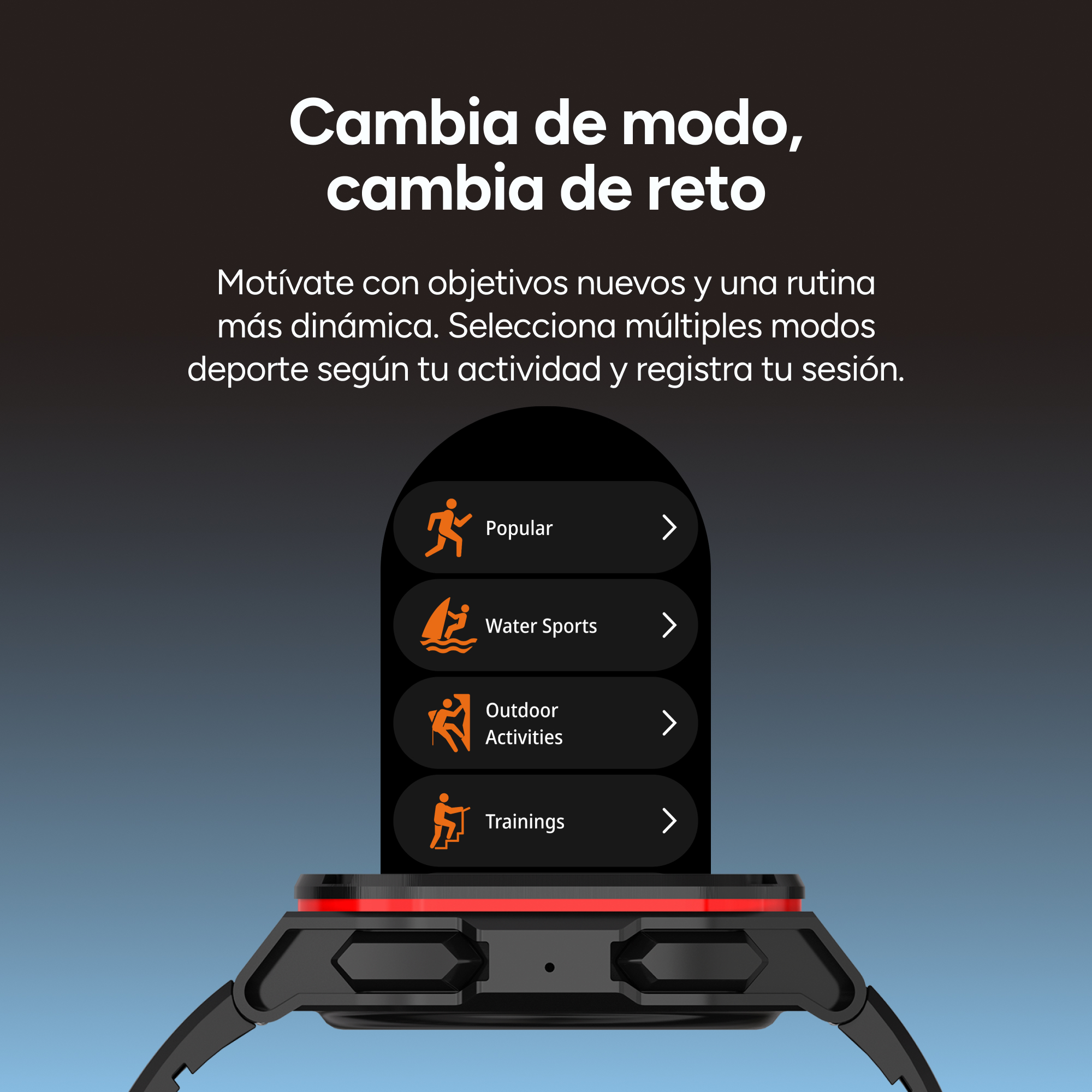 Un smartwatch muestra modos deportivos como Popular, Deportes Acuáticos, Exterior y Entrenamientos.