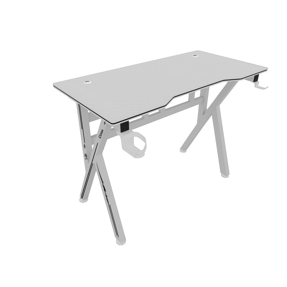 Białe biurko z wzorem karbonu i czarnymi akcentami.