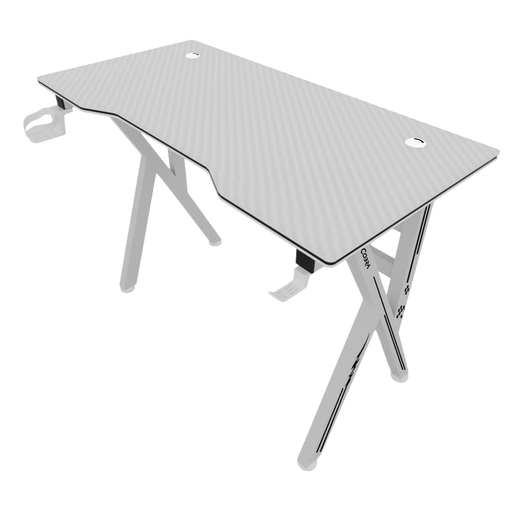 Białe biurko z blatem w kratę karbonową, metalowymi nogami i uchwytami.