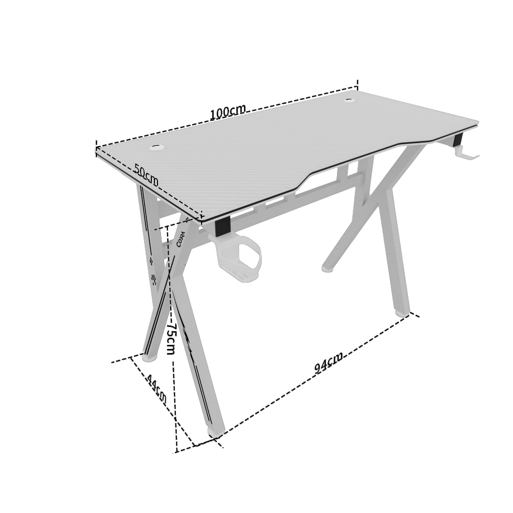 Szary biurko gamingowe z haczykami i zarządzaniem kablami. Wymiary pokazane.