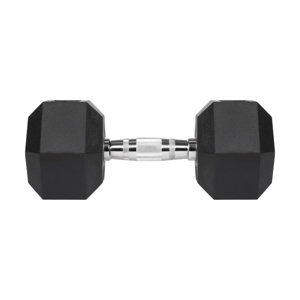 Czarny hantel ze srebrnym uchwytem, na białym tle.