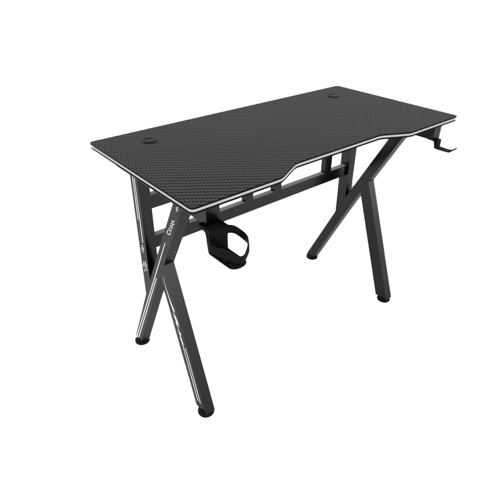 Czarny biurko z teksturowaną powierzchnią i metalowymi nogami.