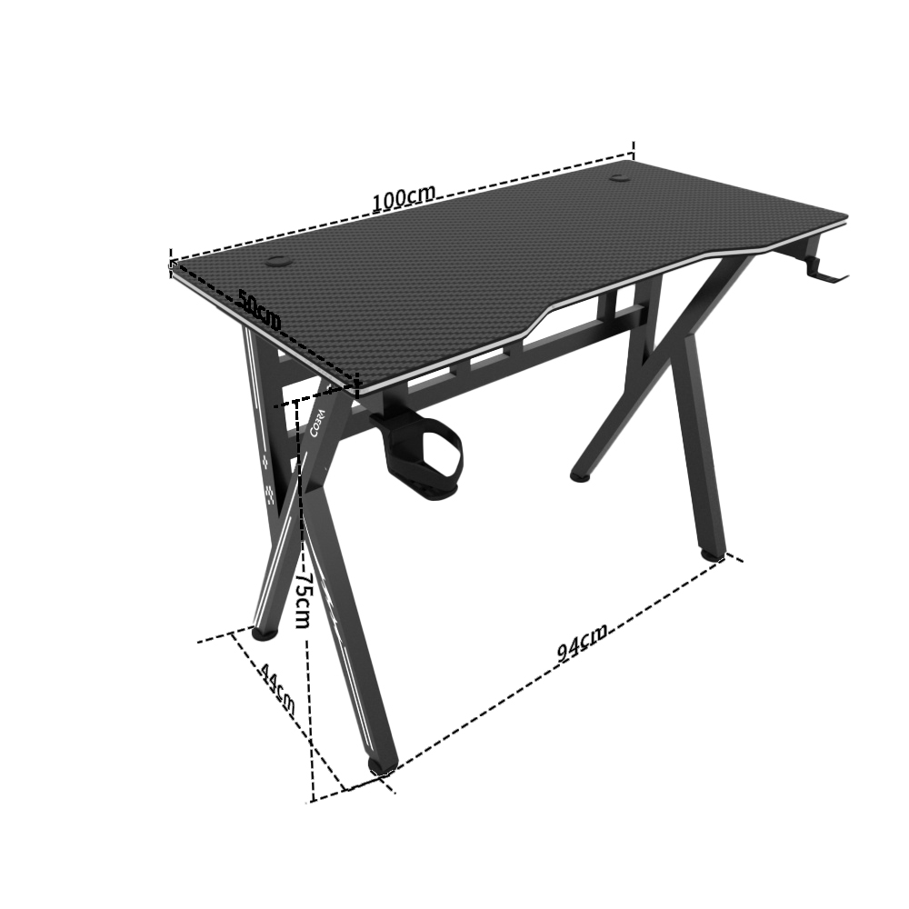 Czarny biurko gamingowe z czerwonymi akcentami i wymiarami.