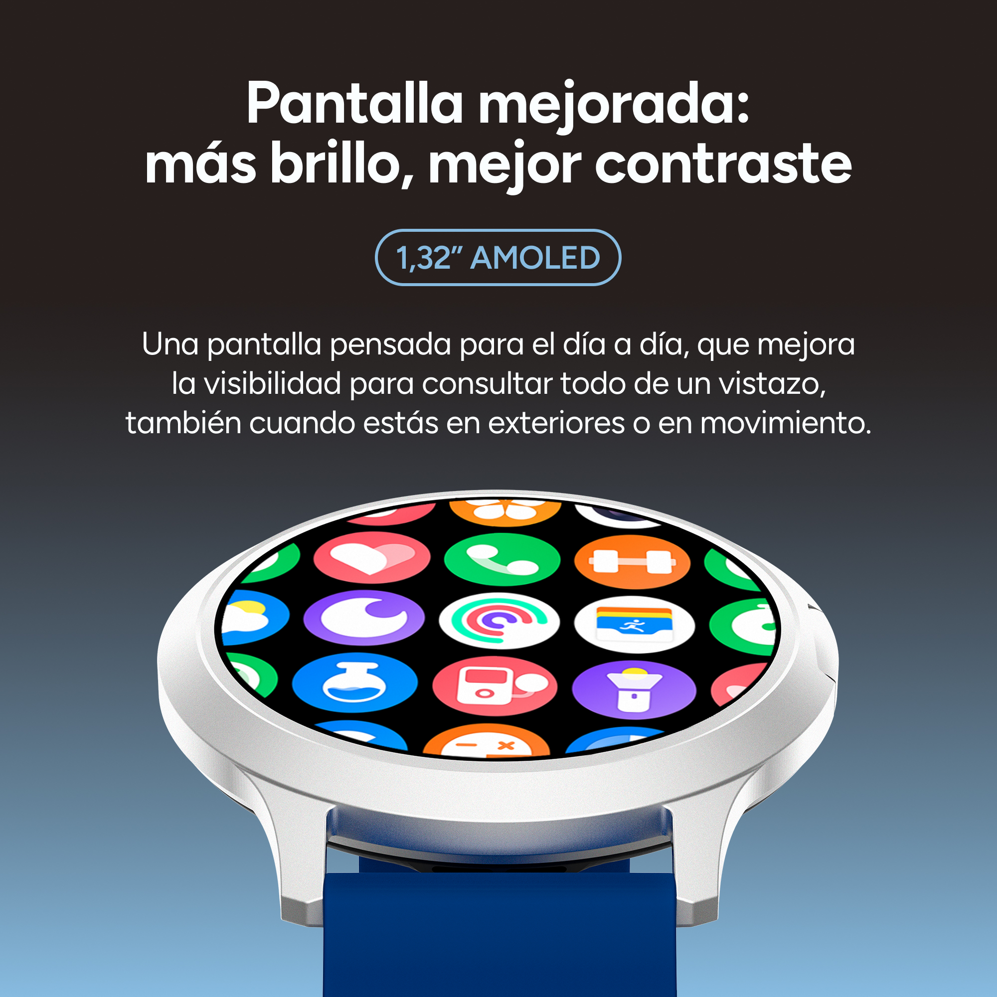 Un smartwatch con pantalla AMOLED mostrando íconos de apps coloridas. Correa azul.