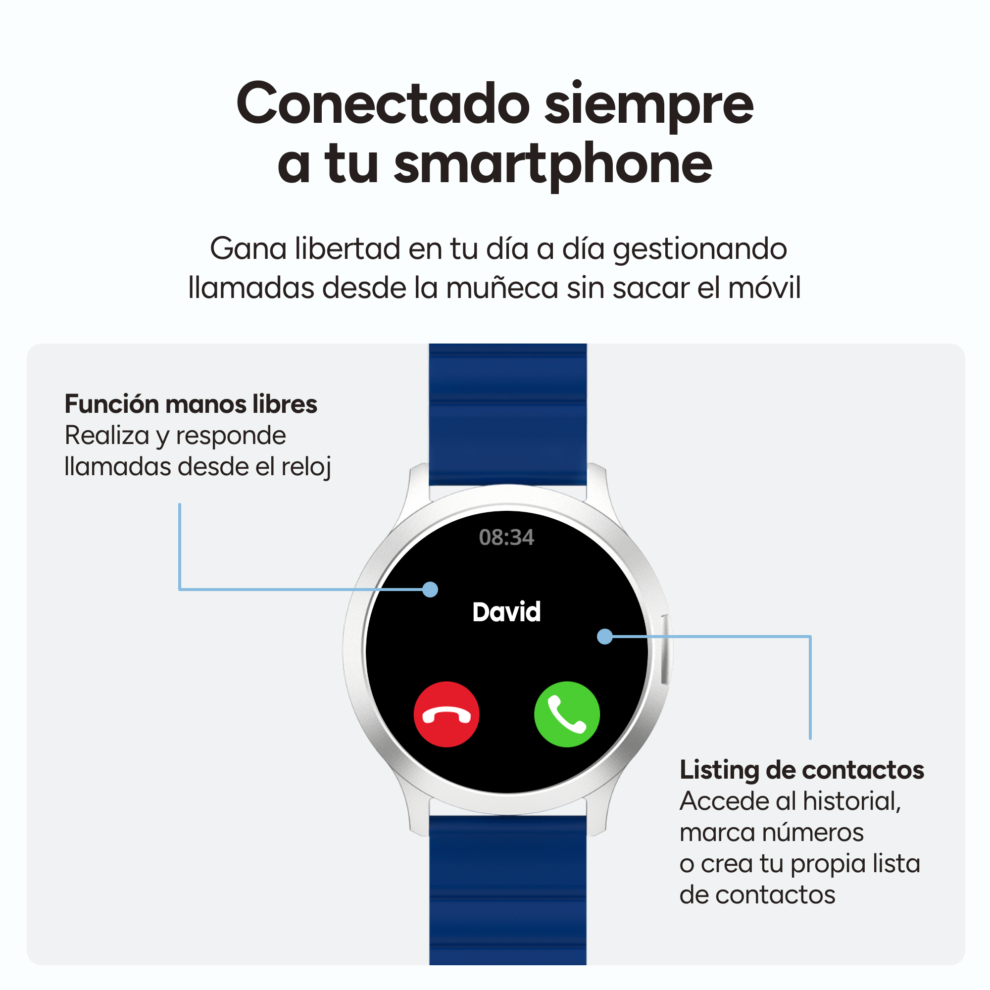 Reloj inteligente plateado con correa azul muestra llamada de David.