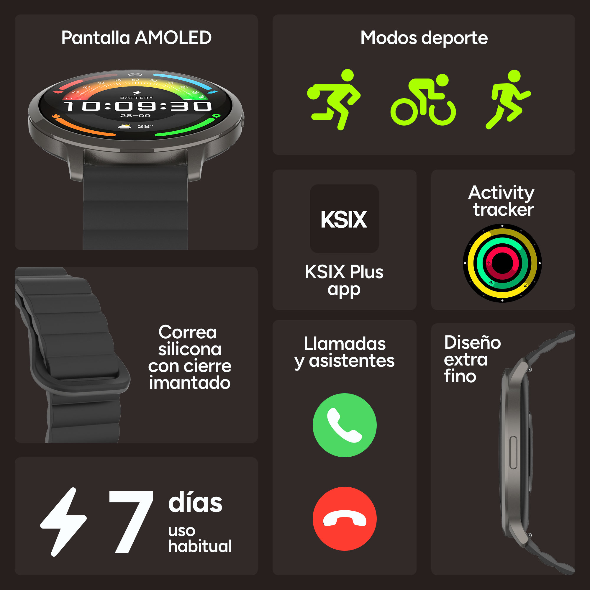 Display AMOLED, modalità sportive, app KSIX, chiamate, activity tracker, cinturino.