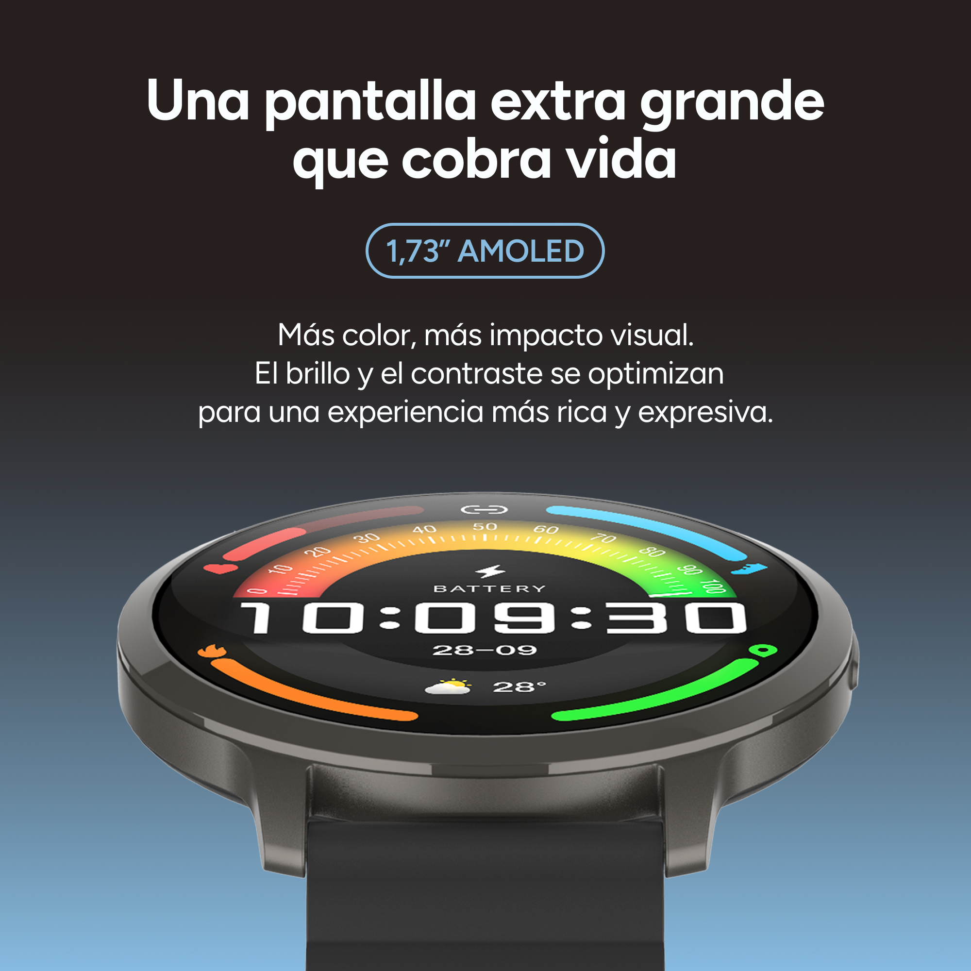Un grande smartwatch AMOLED mostra ora, data, meteo e stato batteria.