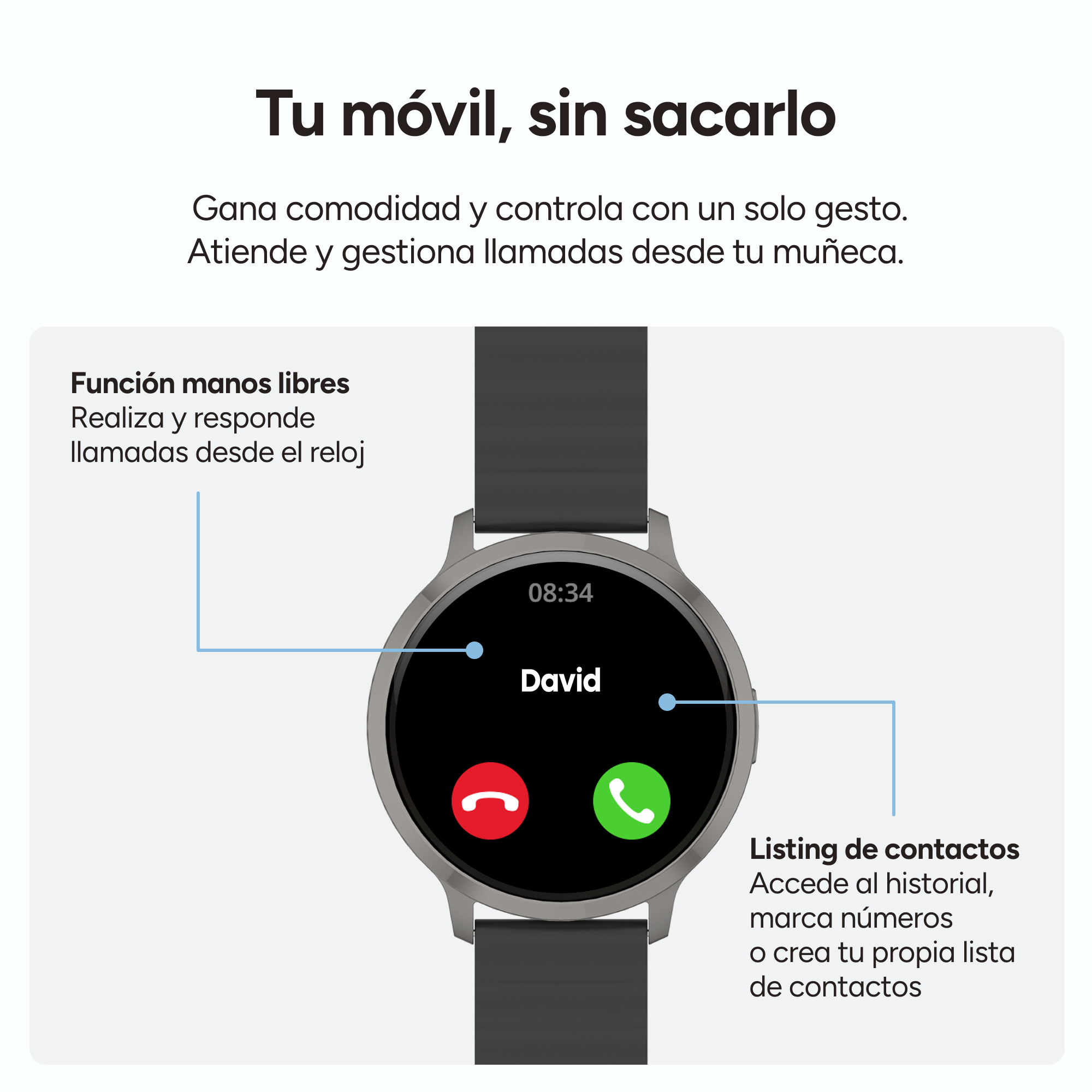 Smartwatch mostra chiamata da David con icone rosse e verdi.