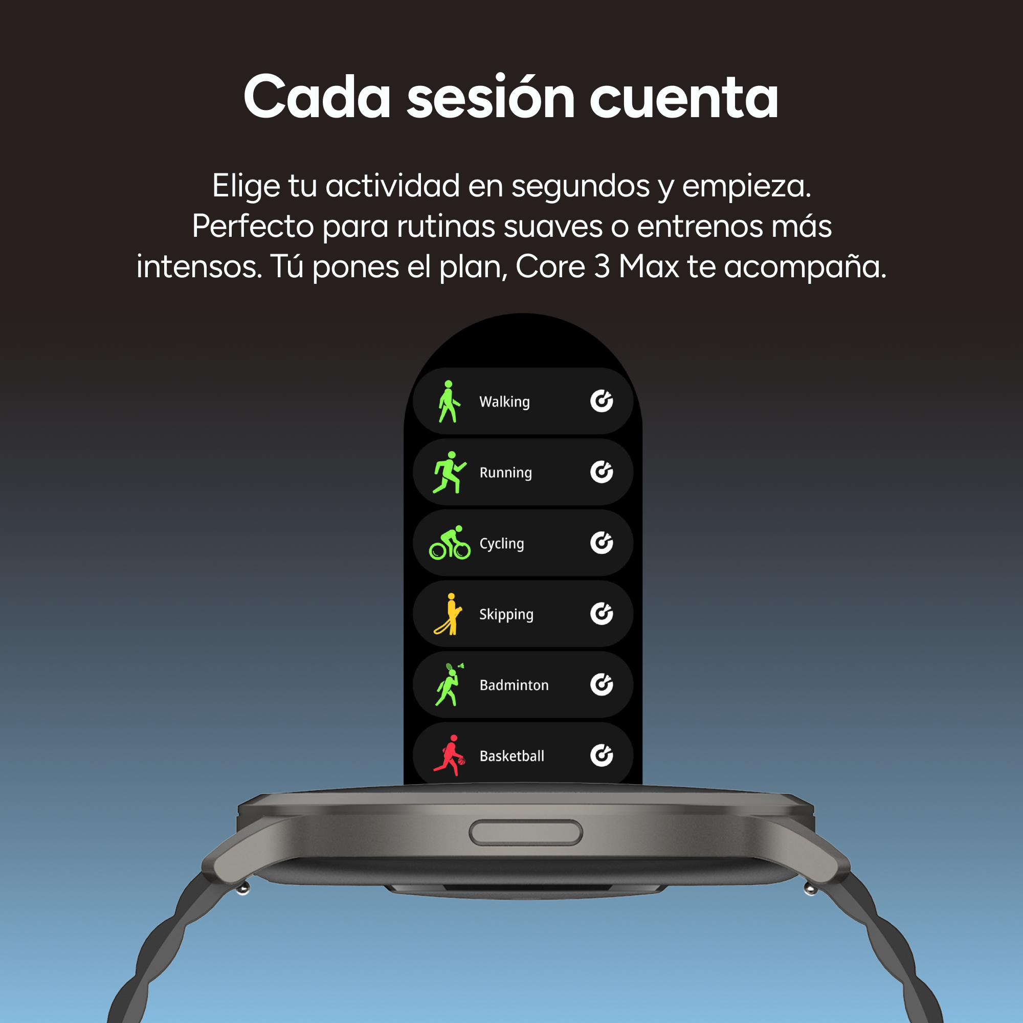 Smartwatch con elenco attività: Camminare, Correre, Ciclismo, Salto, Badminton, Pallacanestro.