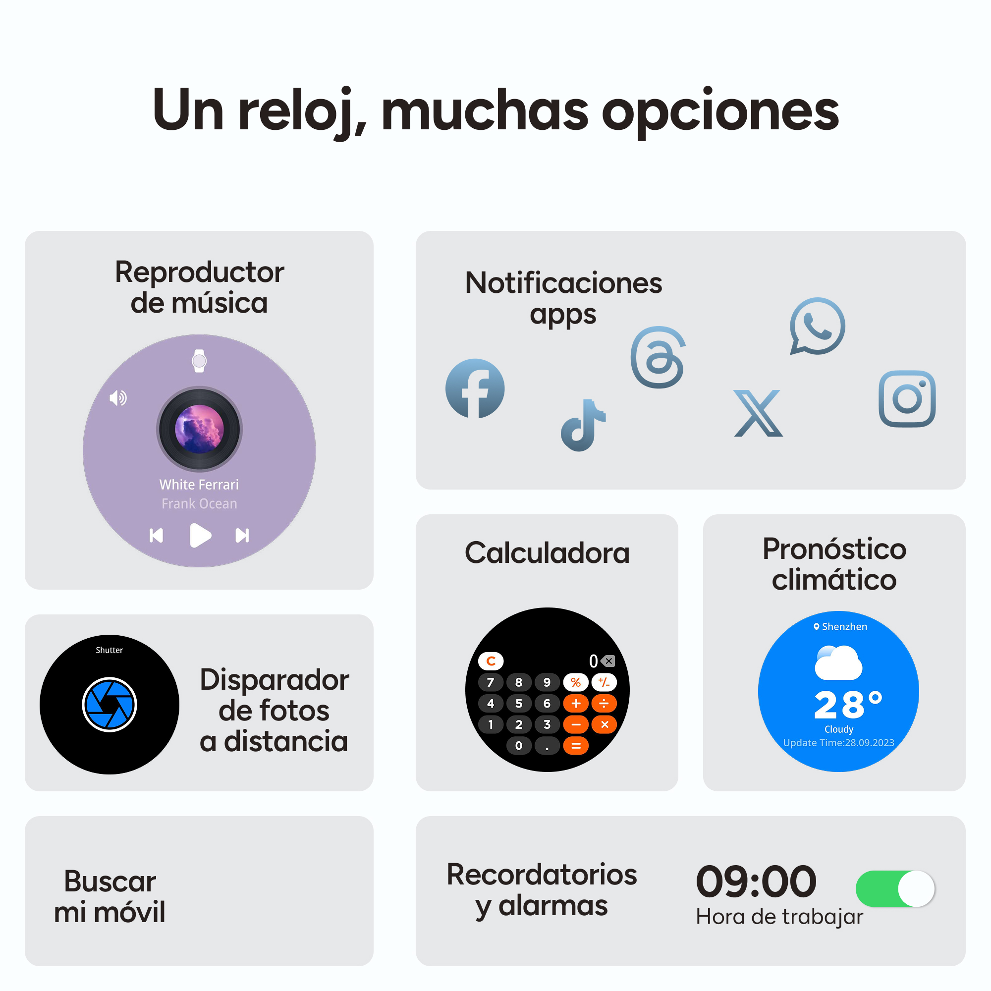 App per smartwatch: musica, fotocamera, notifiche, calcolatrice, meteo.