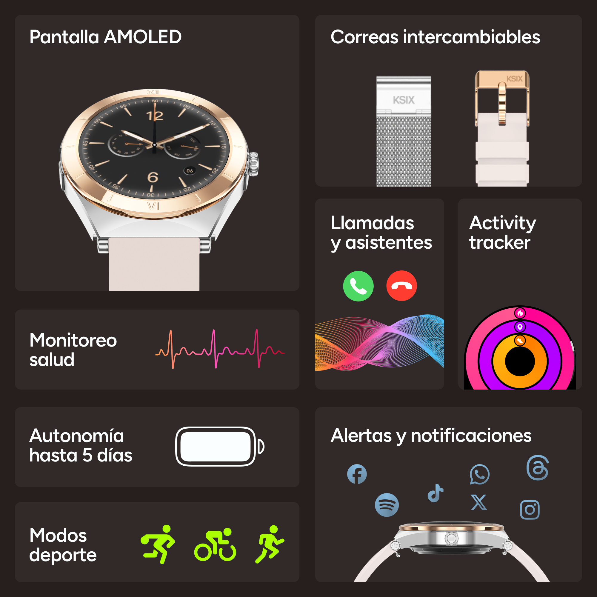 Smartwatch con pantalla AMOLED, correas intercambiables, monitor salud y actividad.