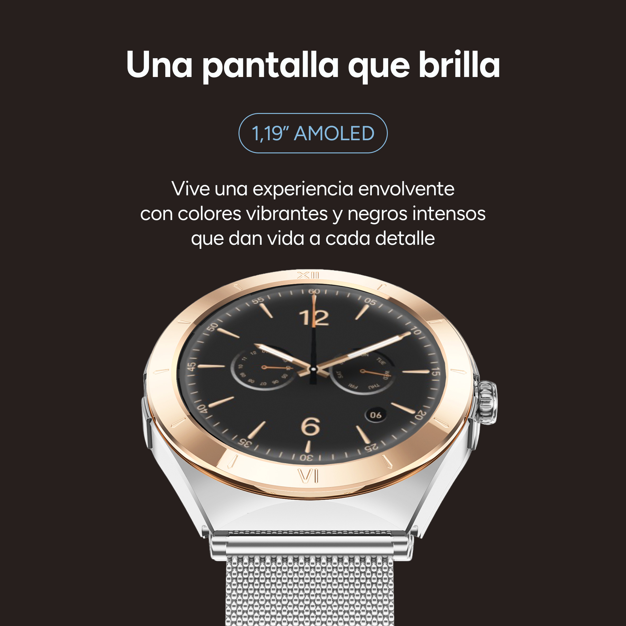 Un reloj inteligente AMOLED brillante de 1,19" con bisel de oro rosa.