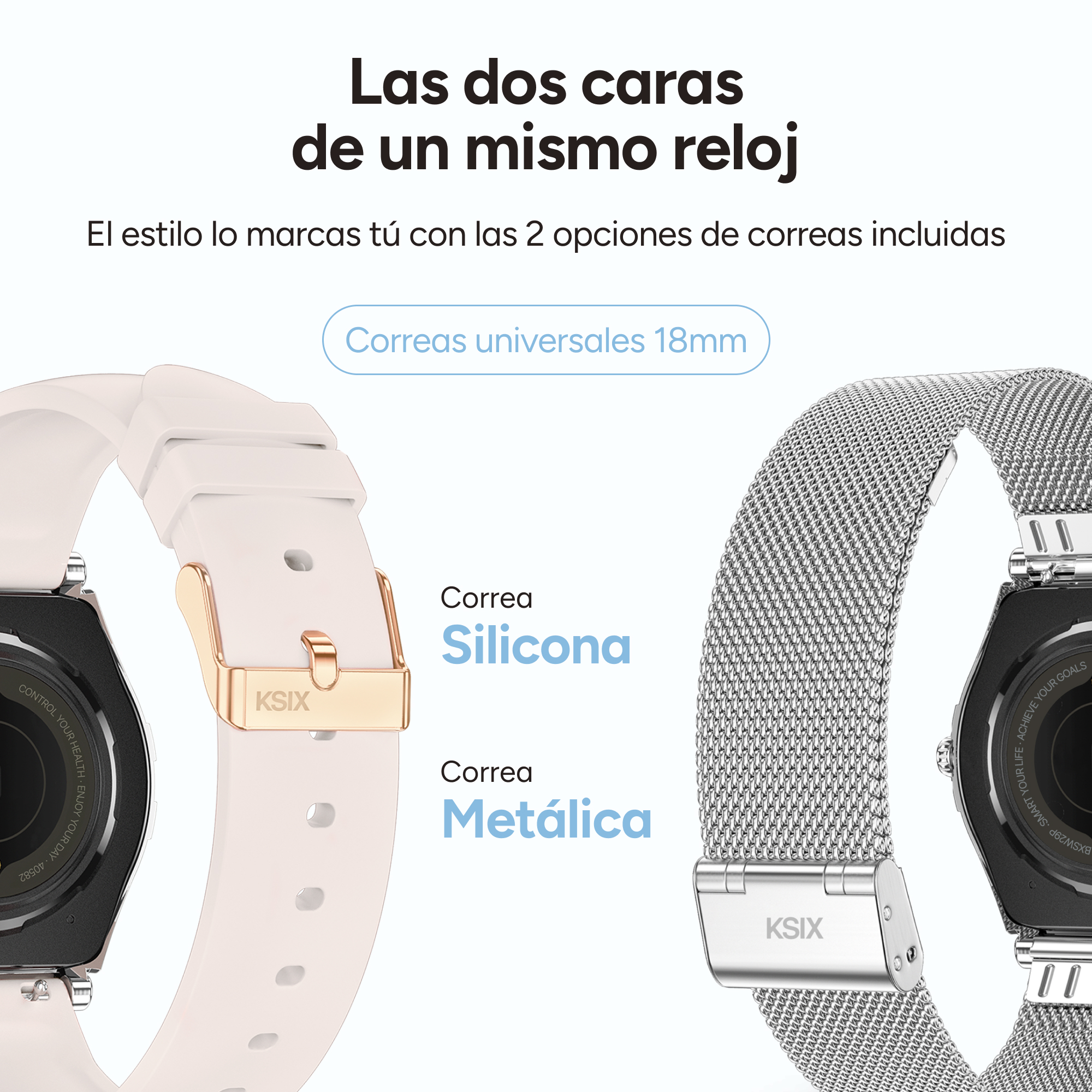 Se muestran una correa de reloj blanca y una plateada. Tienen 18mm de ancho.