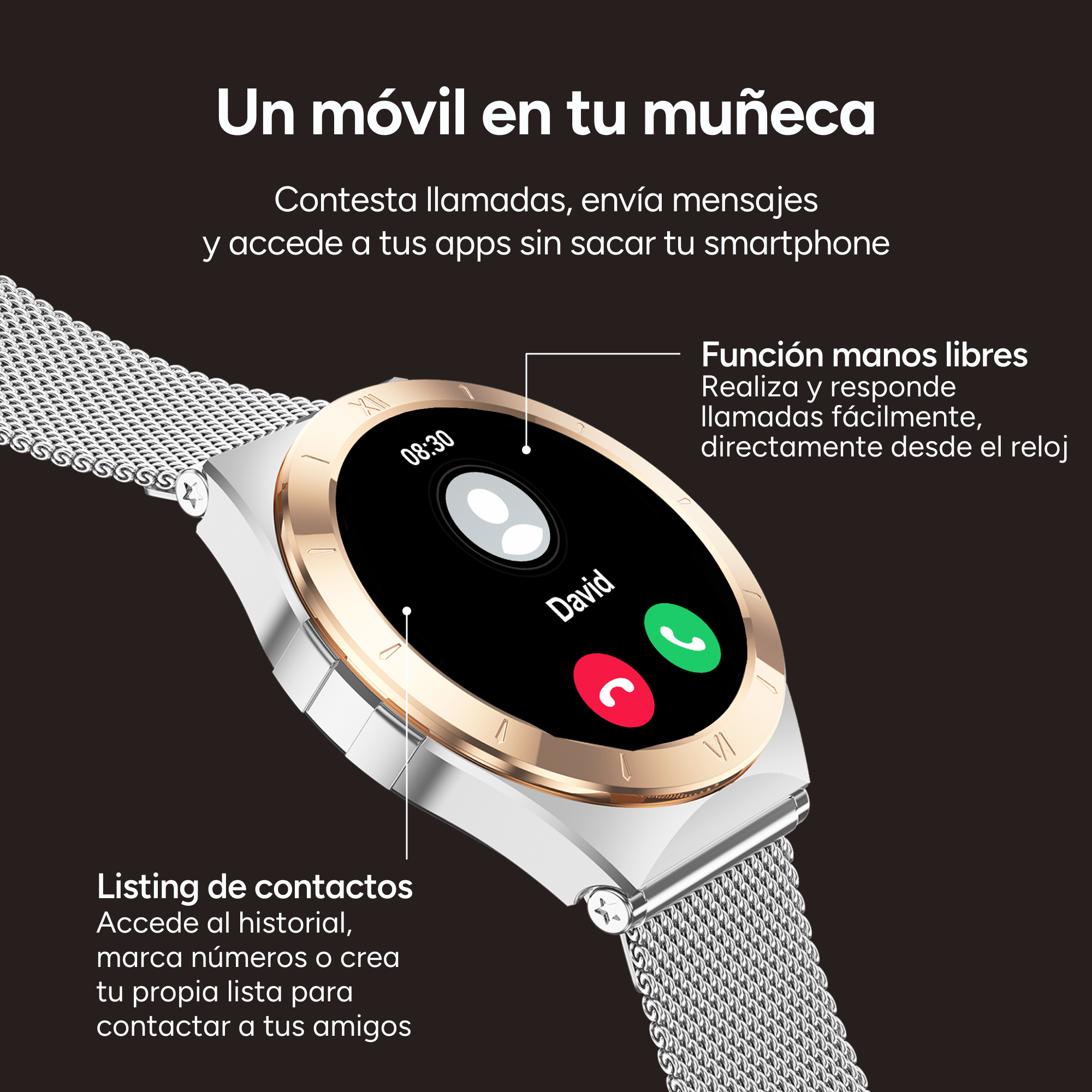 Reloj inteligente con función de llamada, correa plateada, bisel dorado. Muestra hora, contactos, botones.