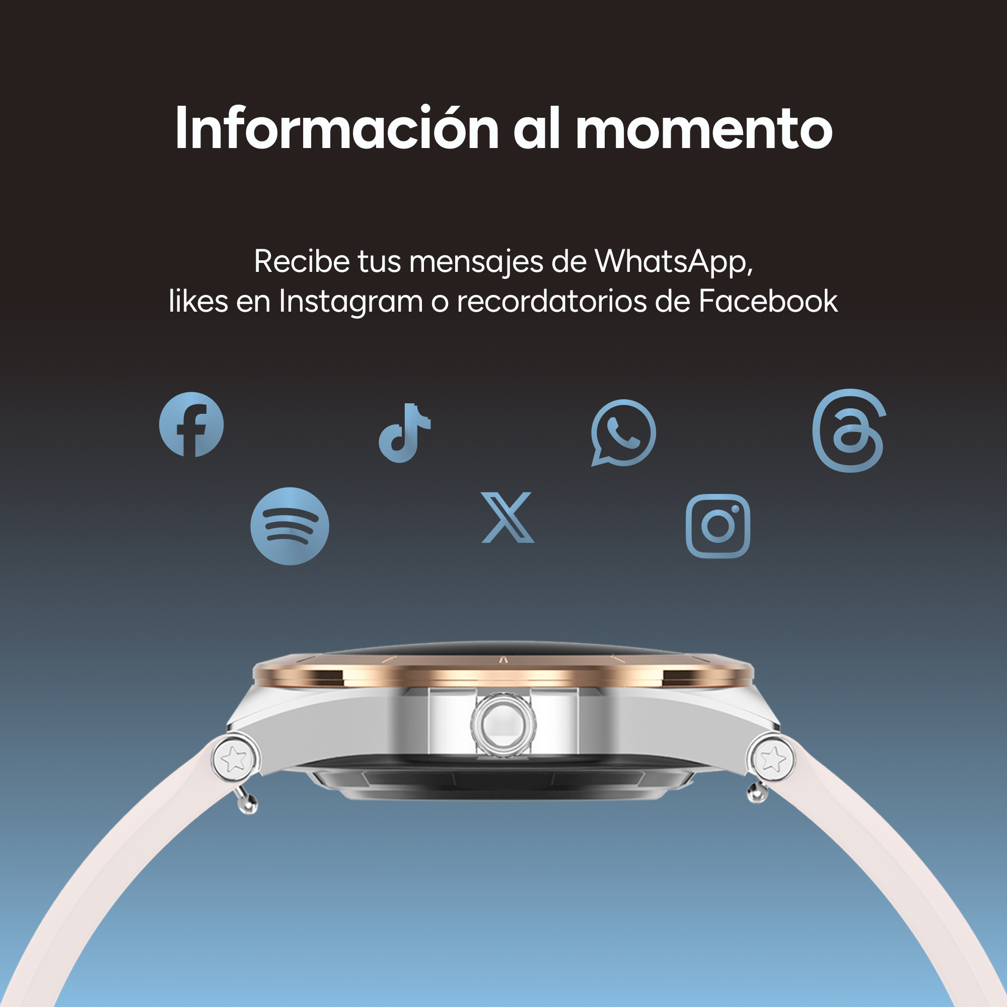 Un reloj inteligente con íconos de redes sociales: Facebook, Spotify, TikTok, WhatsApp, X, Instagram.