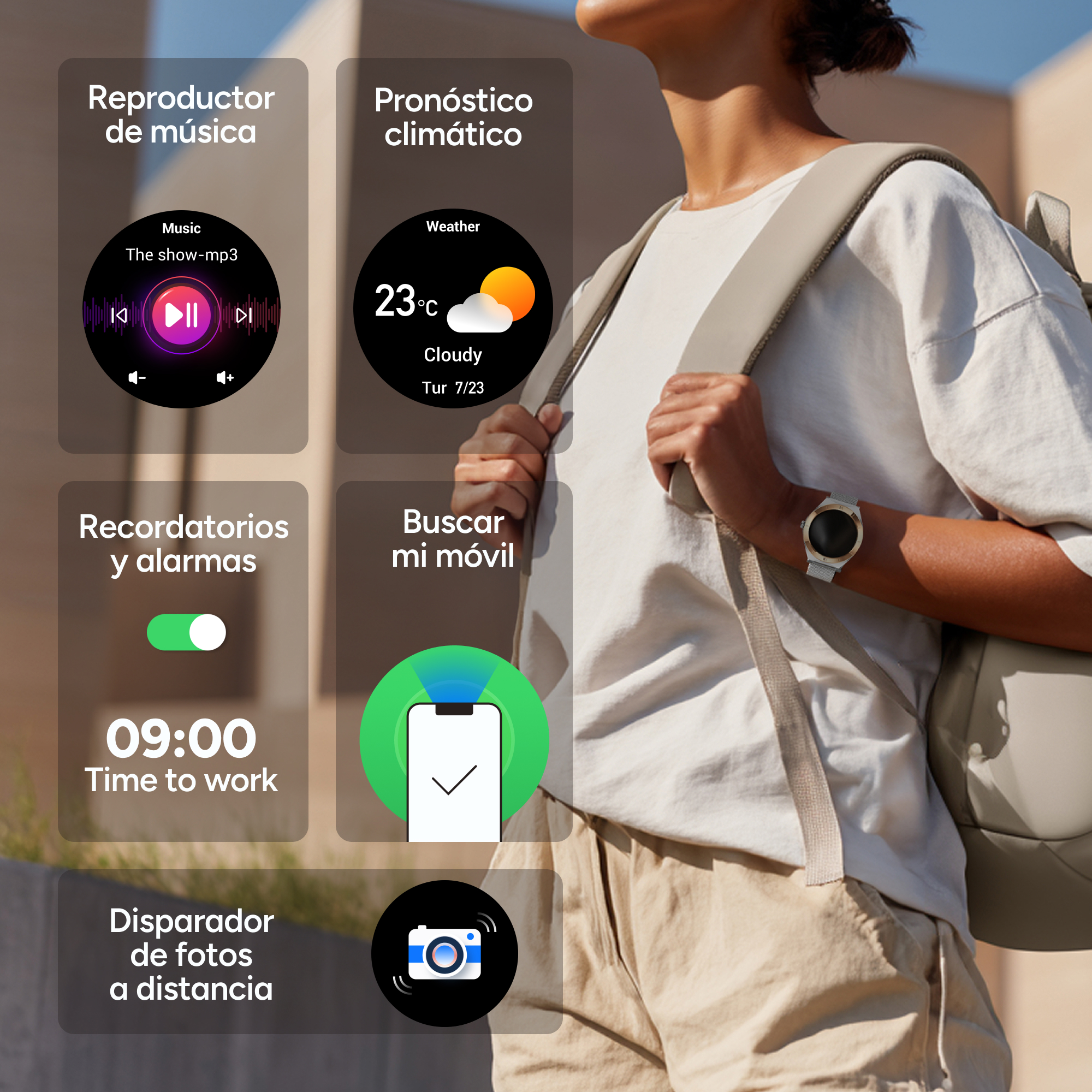 Un reloj muestra música, clima, alarmas, buscador de teléfono y cámara remota.