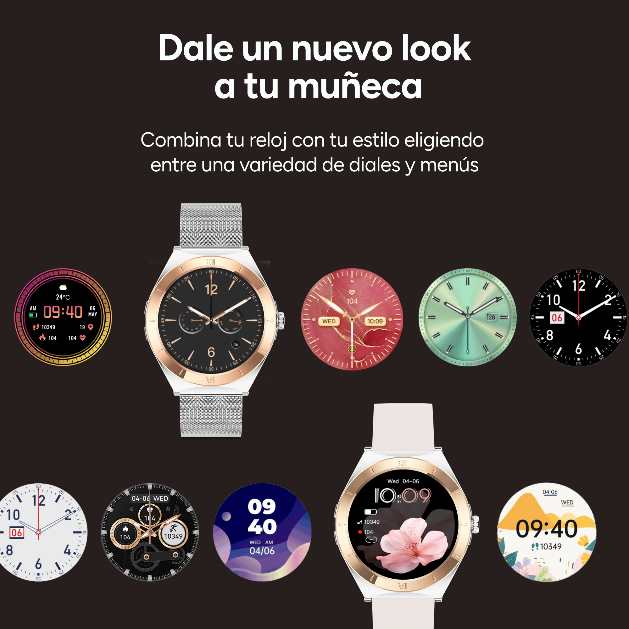 Una pantalla de smartwatch mostrando varias esferas, hora, fecha y estadísticas.
