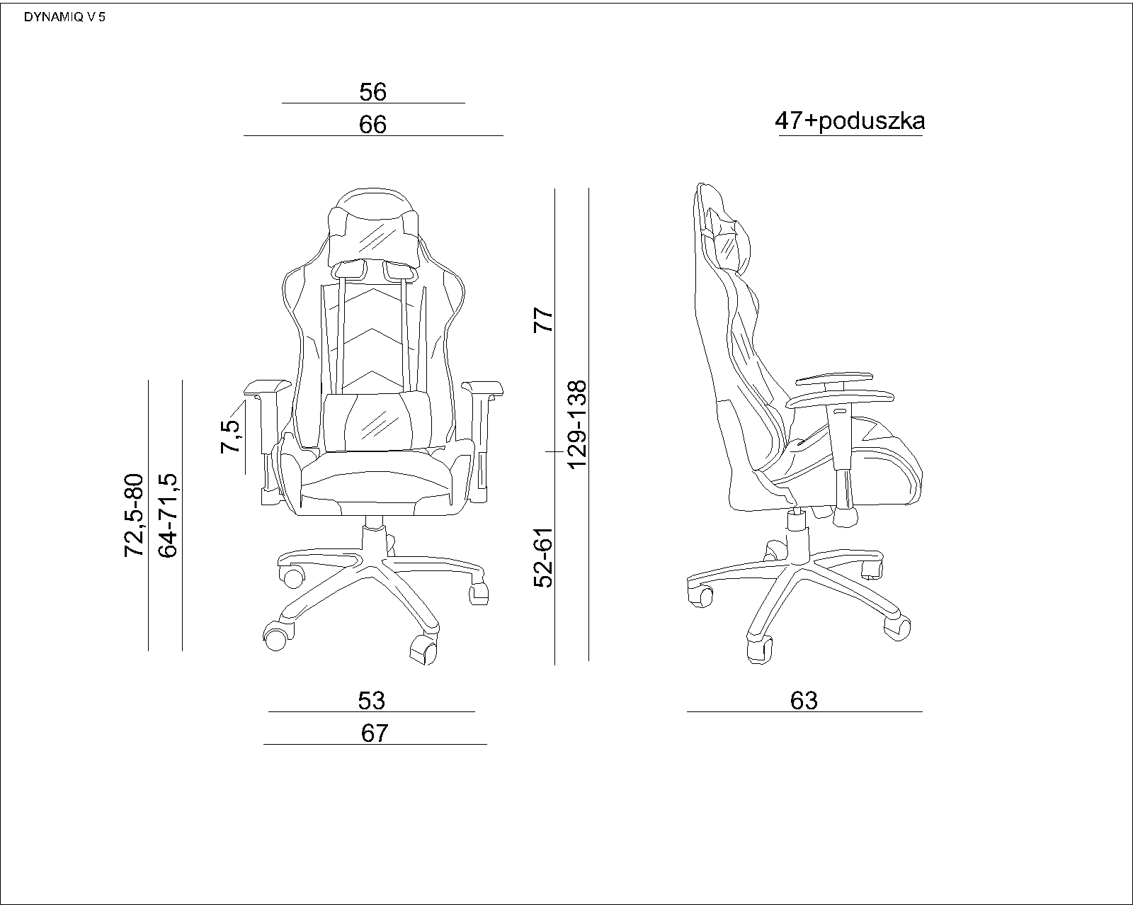 Rysunek techniczny krzesła biurowego z wymiarami.