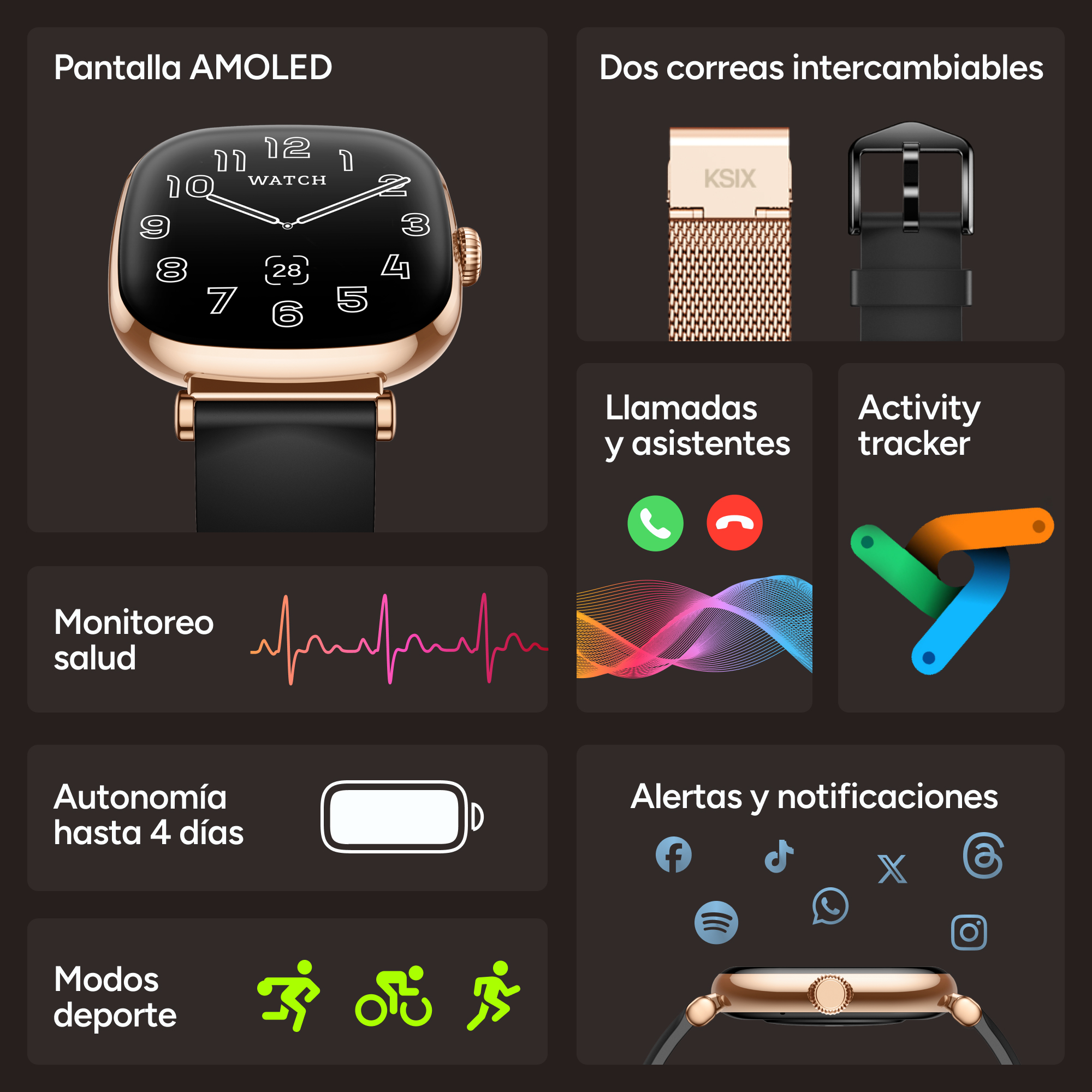 Smartwatch con pantalla AMOLED, correas intercambiables, seguimiento salud y actividad.
