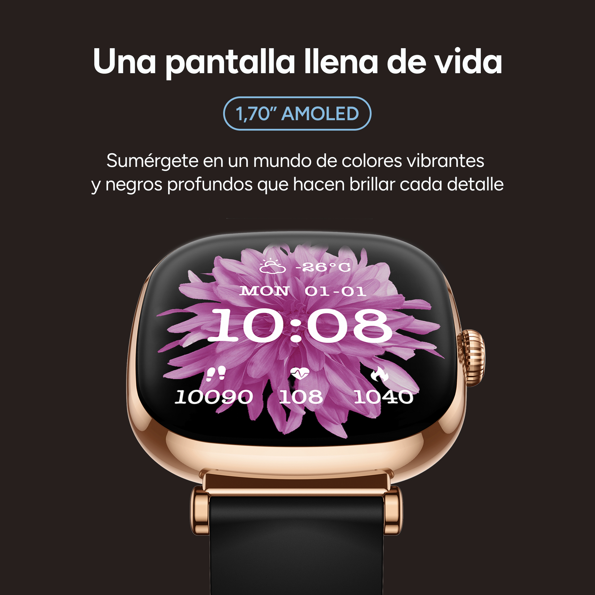 Un reloj inteligente oro rosa con correa negra muestra la hora 10:08 con esfera floral.