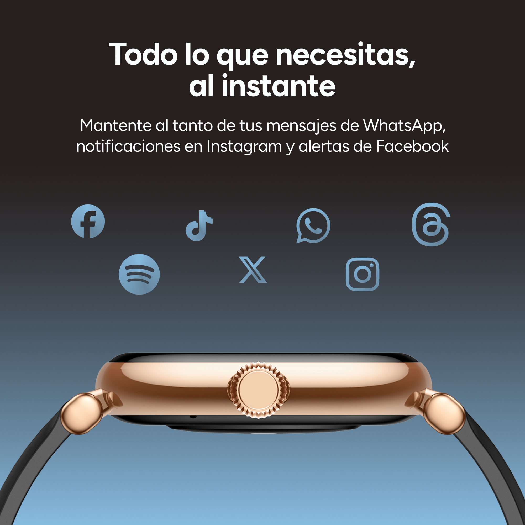 Un reloj inteligente dorado muestra iconos de redes sociales: Facebook, TikTok, Spotify, WhatsApp, X, Instagram.