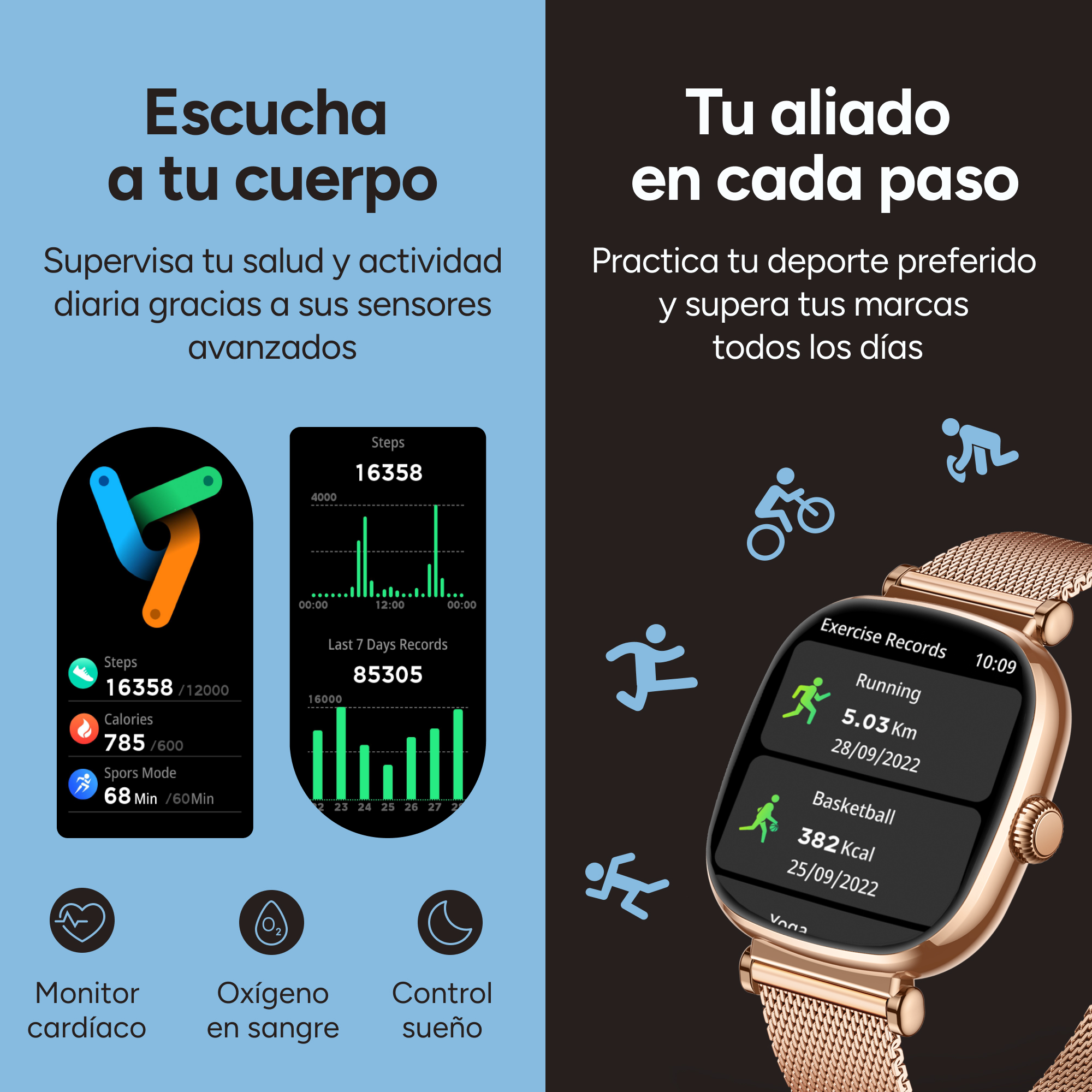 Reloj inteligente con seguimiento de salud y actividad, gráficos y registros de entrenamiento.