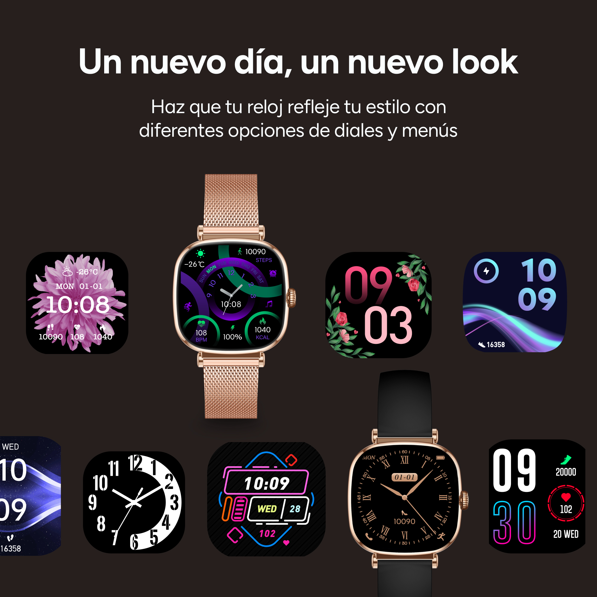 Una mujer usa un reloj inteligente oro rosa mostrando varias esferas.