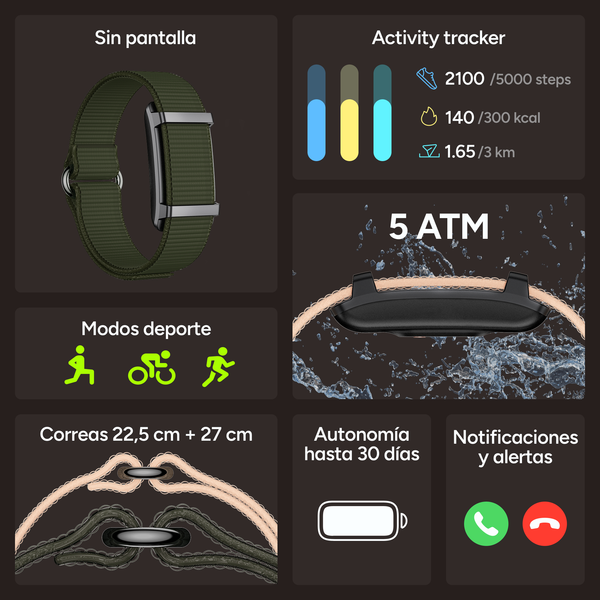 Funciones de pulsera inteligente: rastreador de actividad, modos deportivos, 5 ATM resistente al agua.