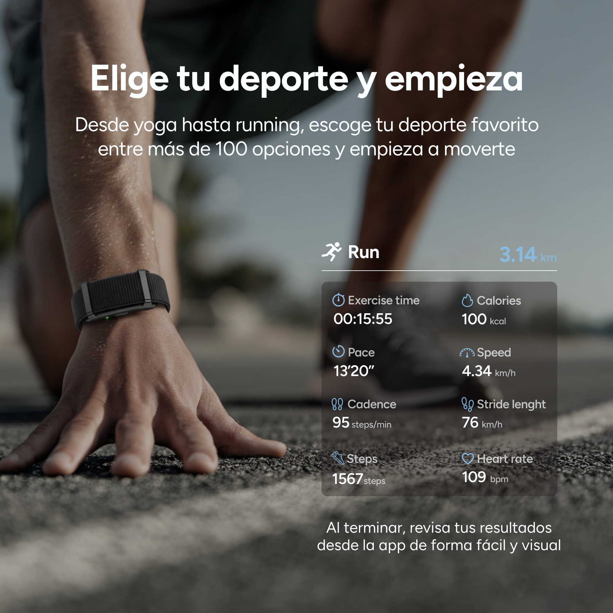 Corredor al inicio con datos de reloj inteligente: tiempo, distancia, calorías, pulso.