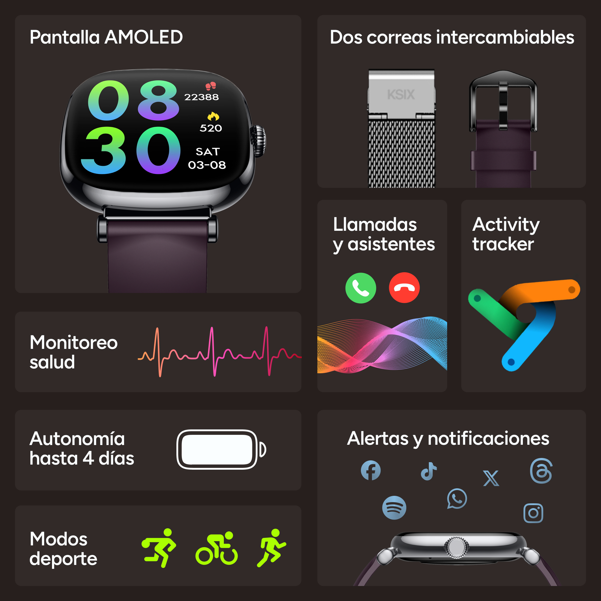 Pantalla AMOLED con hora, pasos, fecha y estadísticas de salud. Incluye correas.
