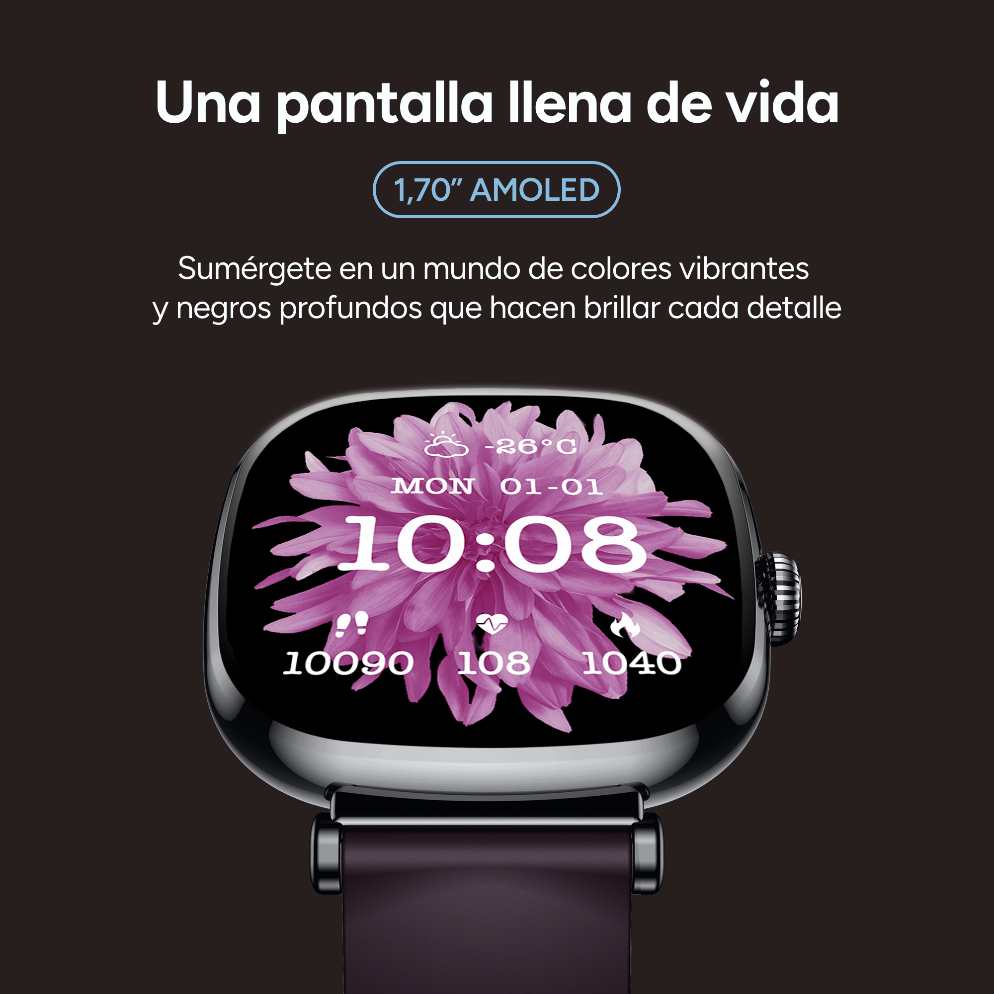 Un reloj inteligente con pantalla AMOLED muestra las 10:08, pasos y frecuencia cardíaca.