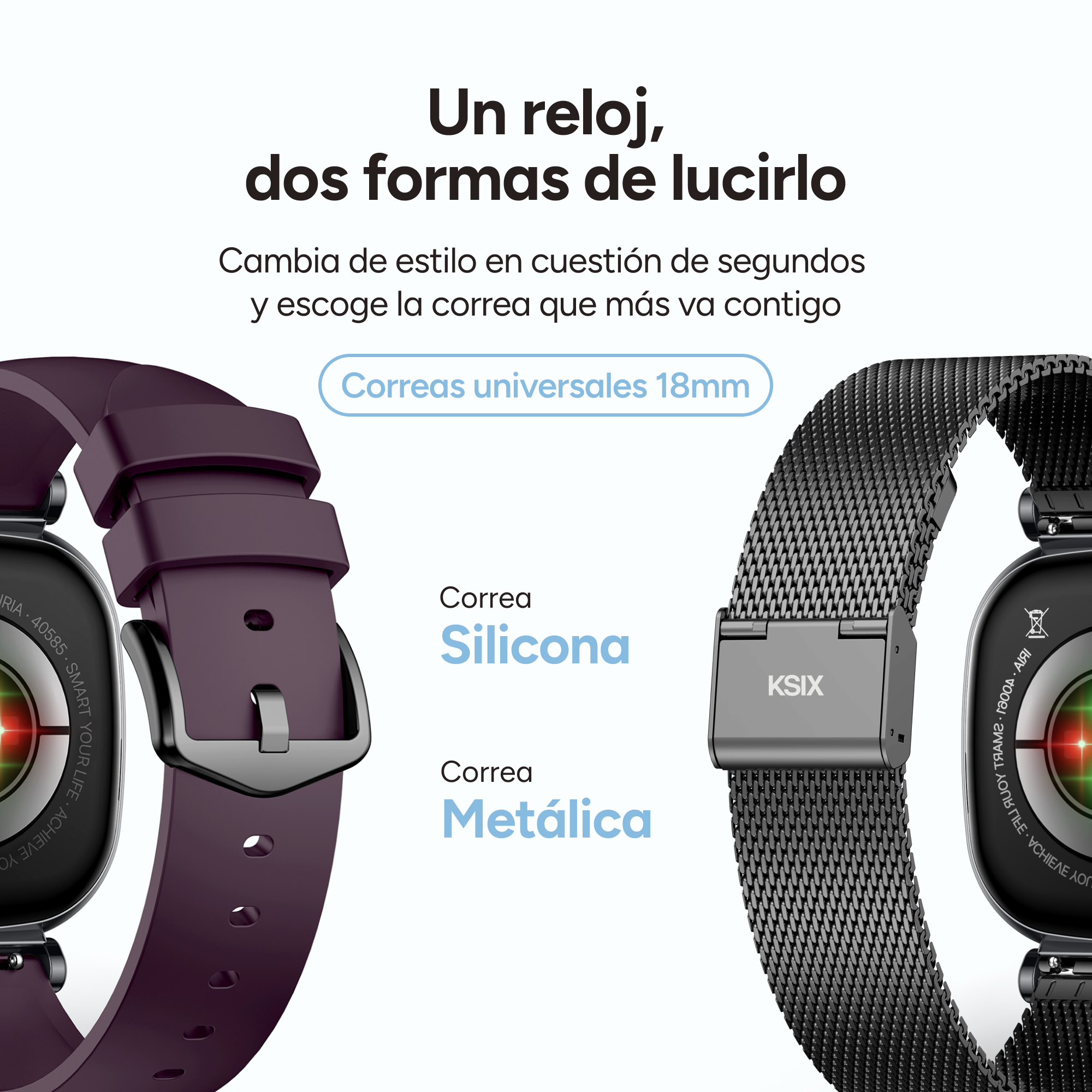 Dos correas de smartwatch: morada de silicona y negra de metal.