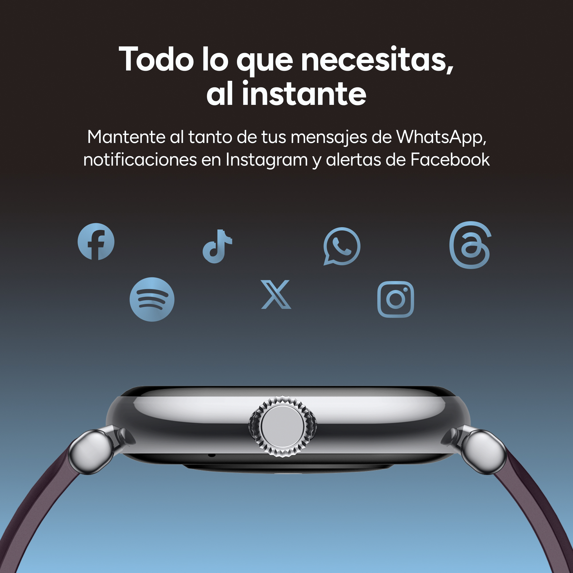 Reloj inteligente con iconos de apps: Facebook, Spotify, TikTok, WhatsApp, X, Instagram.