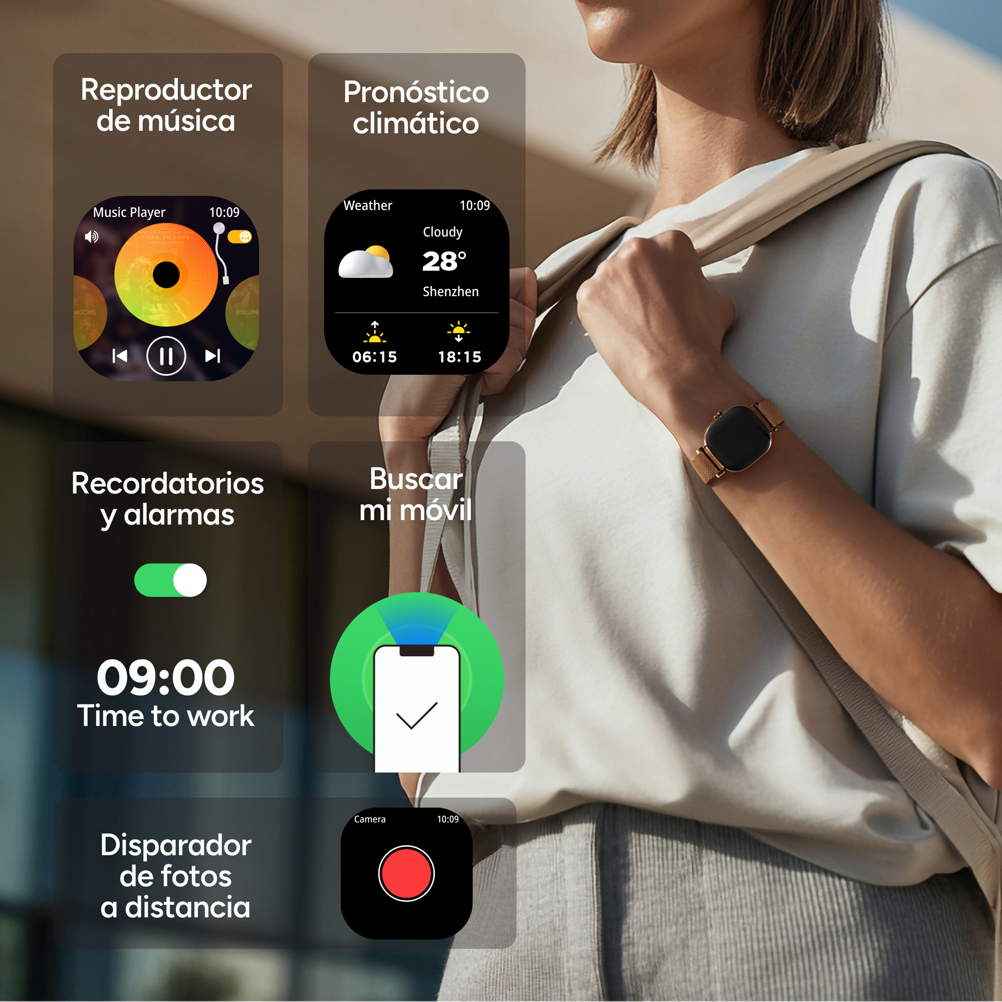 Apps de smartwatch: música, tiempo, recordatorios, búsqueda, cámara.
