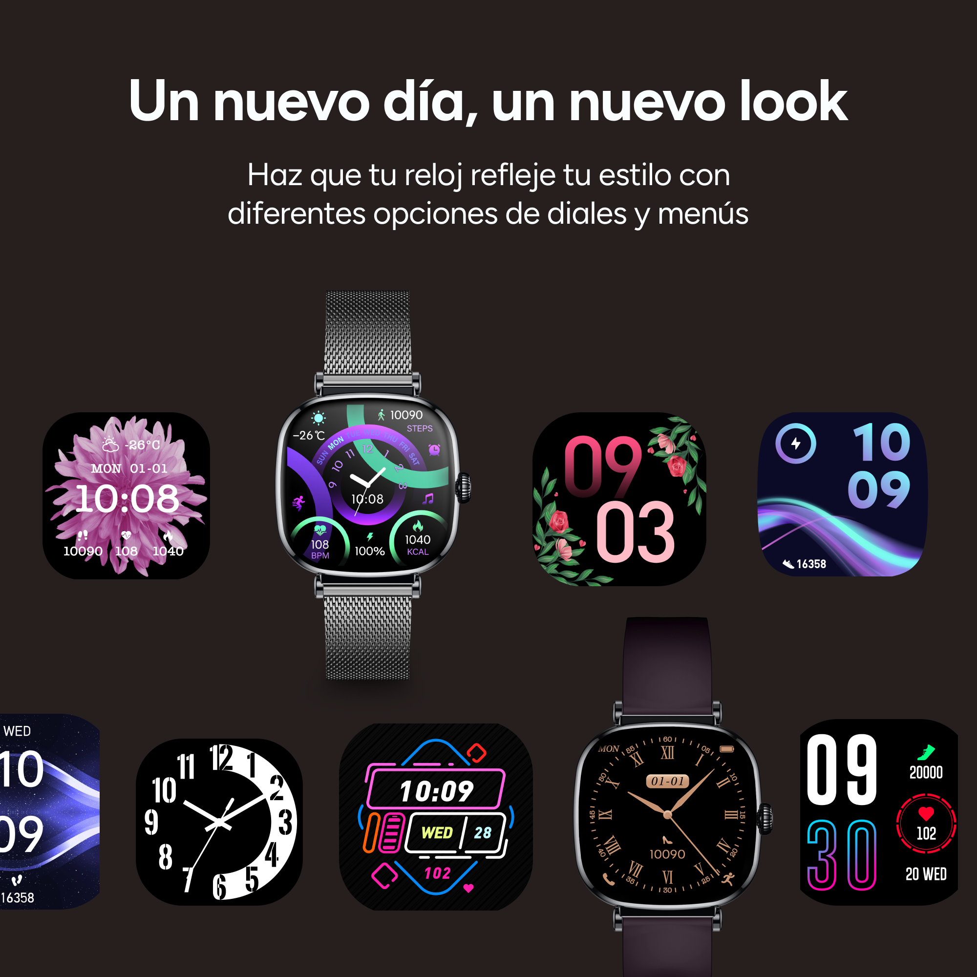 Se muestran varias esferas de smartwatch con diferentes diseños e información.